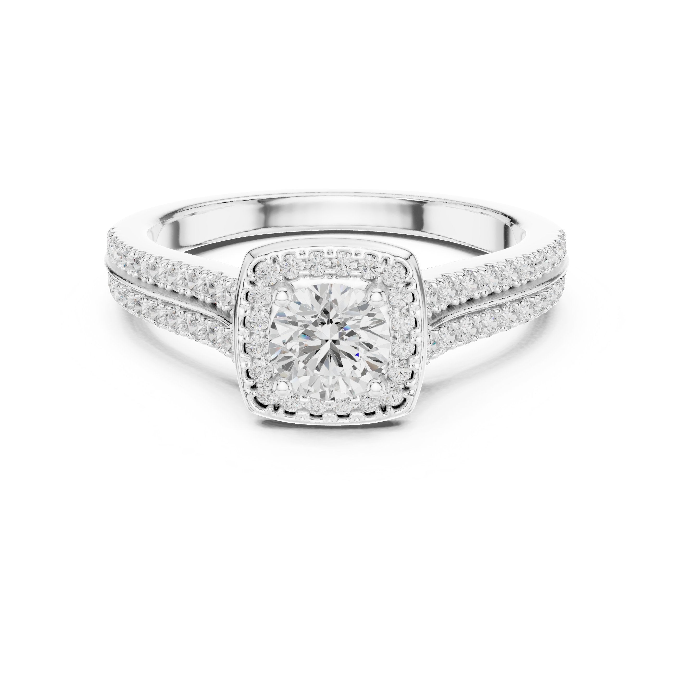 Round Diamond Cushion Halo Engagement Ring with Double Pavé Band in White Gold - VYKA Diamonds