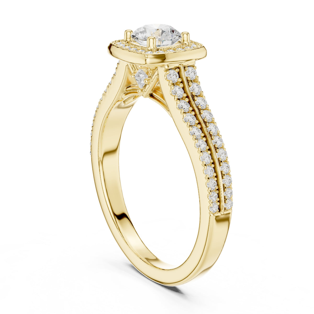 Round Diamond Cushion Halo Engagement Ring with Double Pavé Band