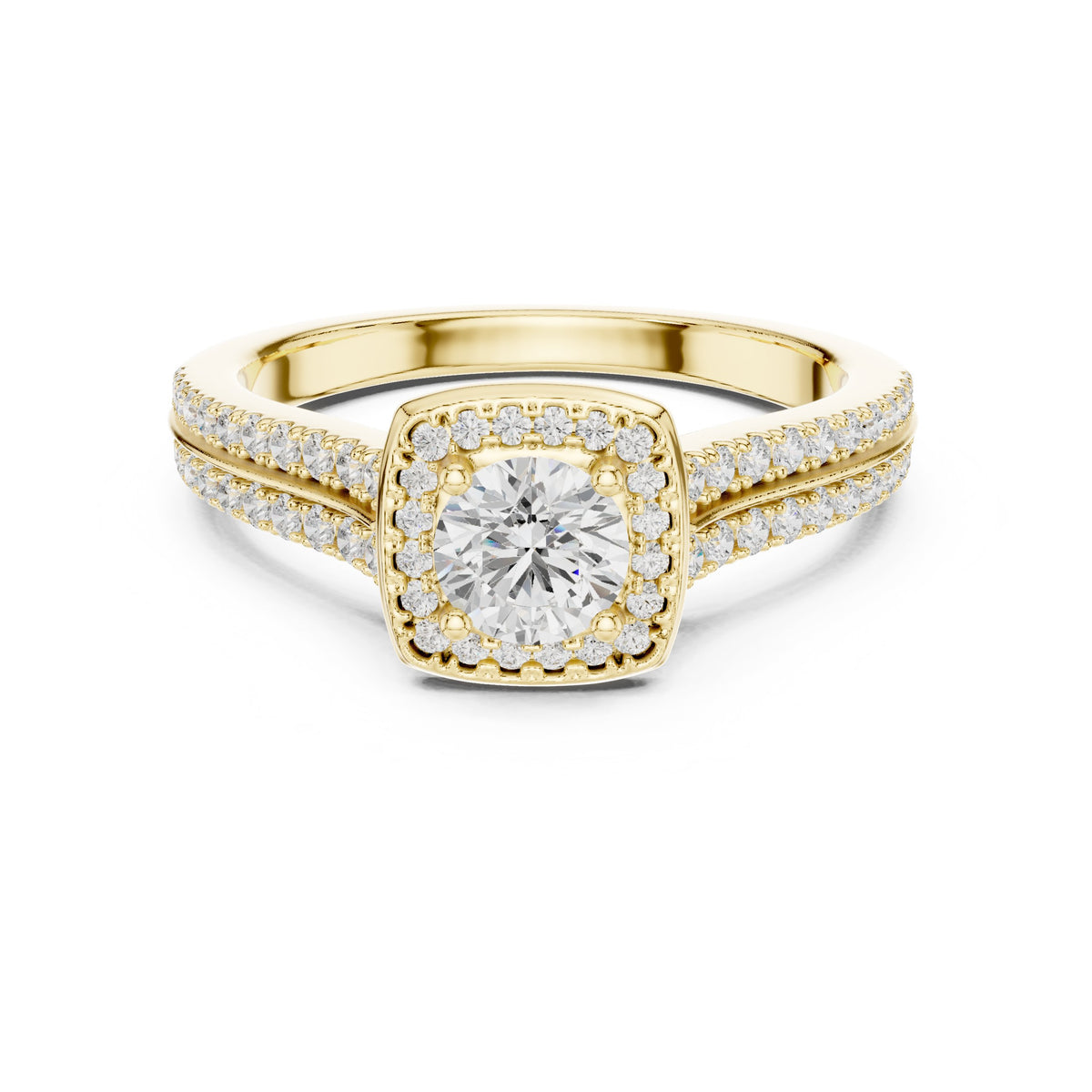 Round Diamond Cushion Halo Engagement Ring with Double Pavé Band