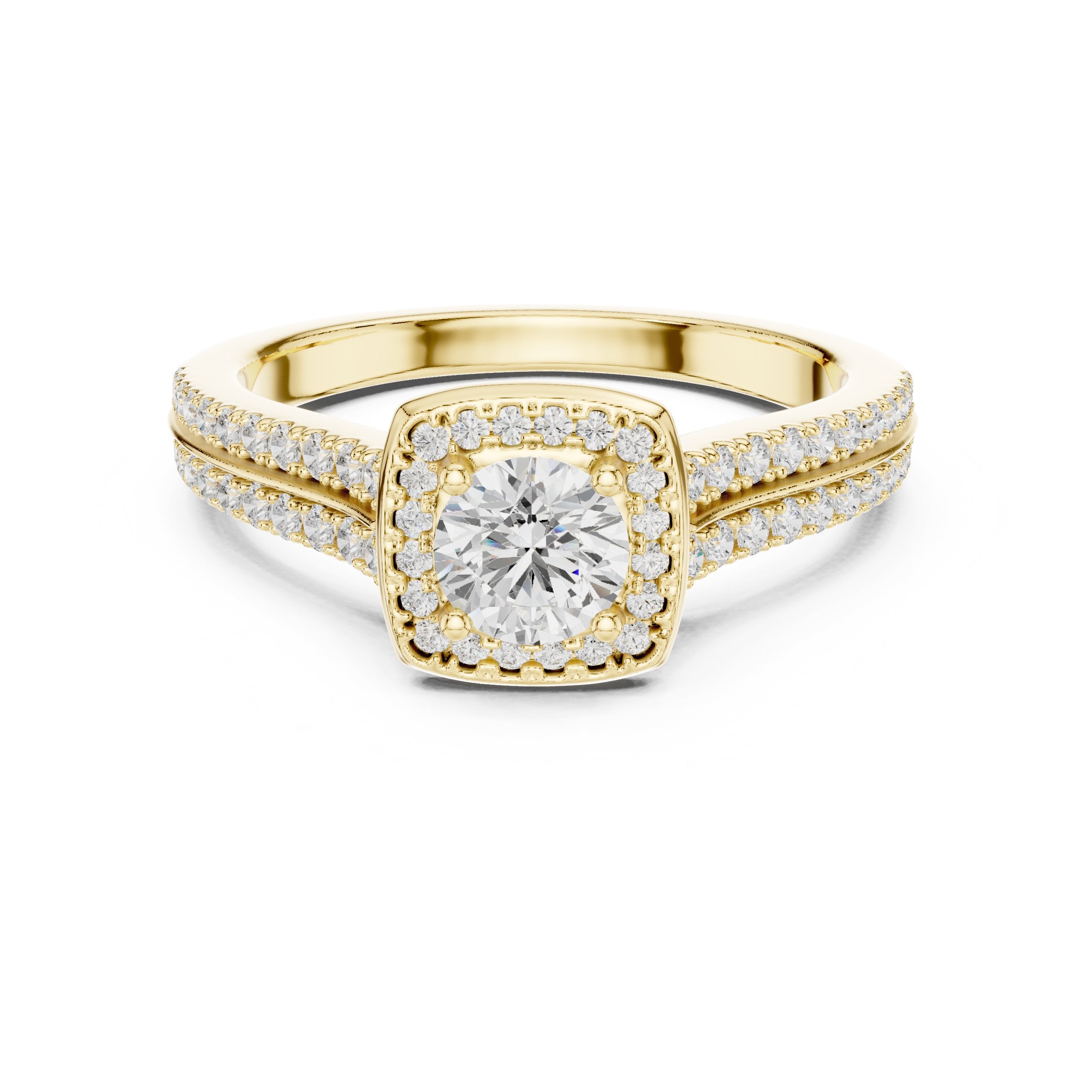 Round Diamond Cushion Halo Engagement Ring with Double Pavé Band in Yellow Gold - VYKA Diamonds