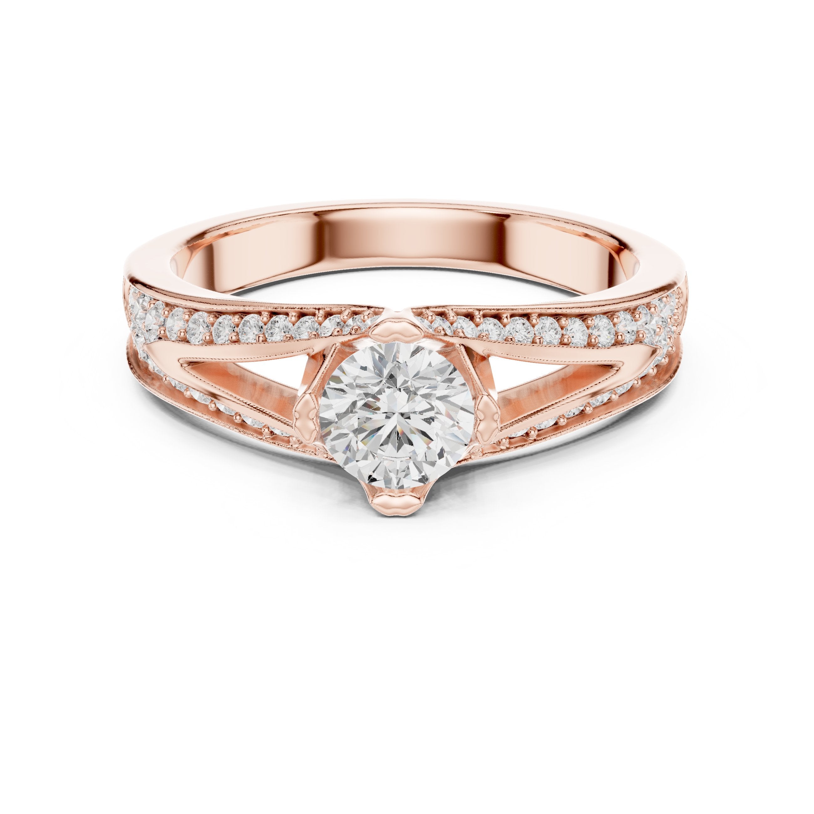 Round Diamond Engagement Ring with Split Shank Pavé Band in Rose Gold - VYKA Diamonds