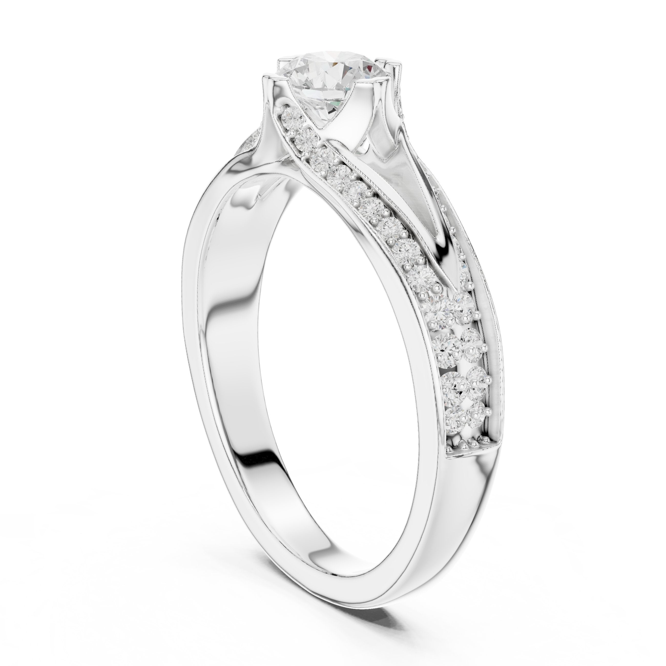 Round Diamond Engagement Ring with Split Shank Pavé Band in White Gold - VYKA Diamonds