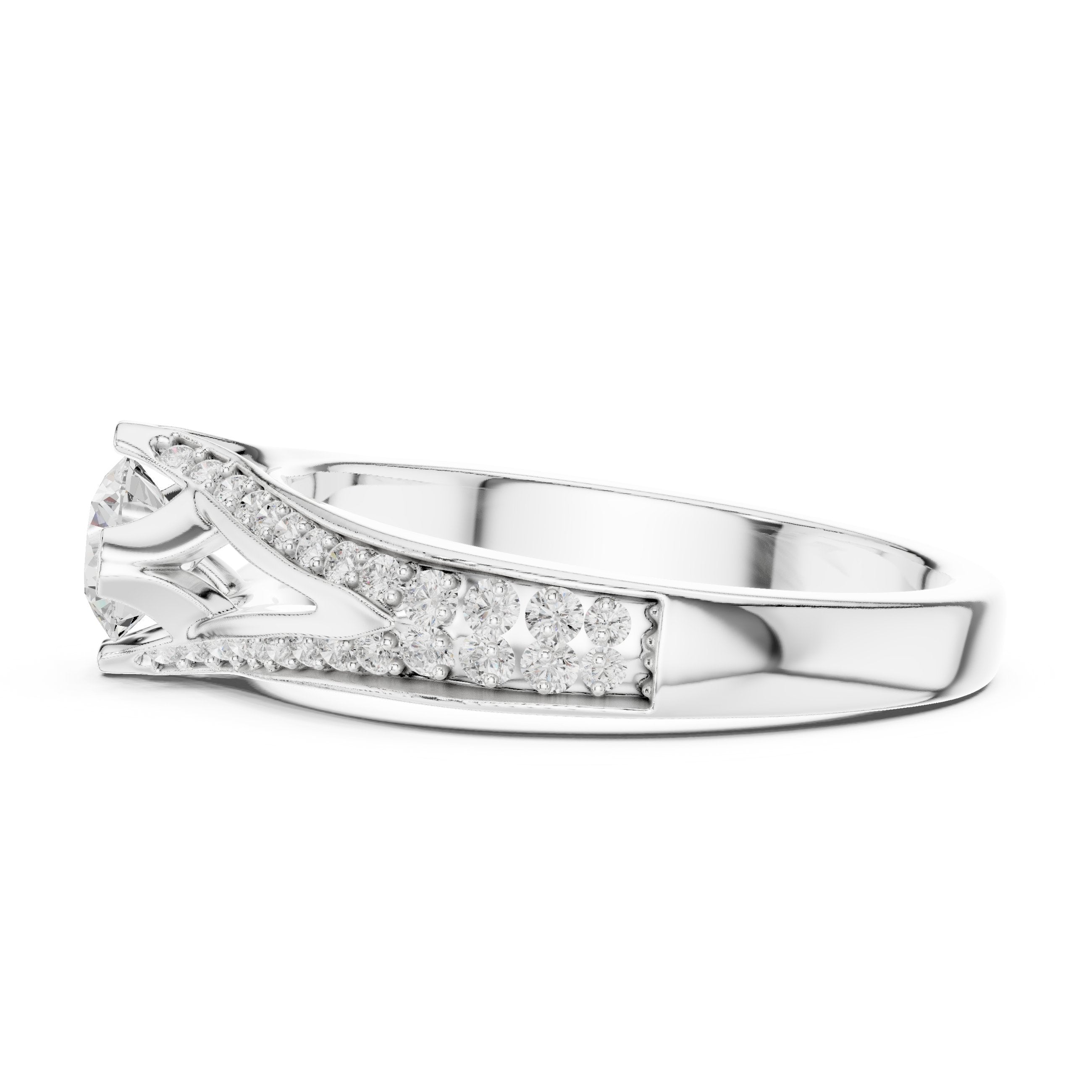Round Diamond Engagement Ring with Split Shank Pavé Band in White Gold - VYKA Diamonds