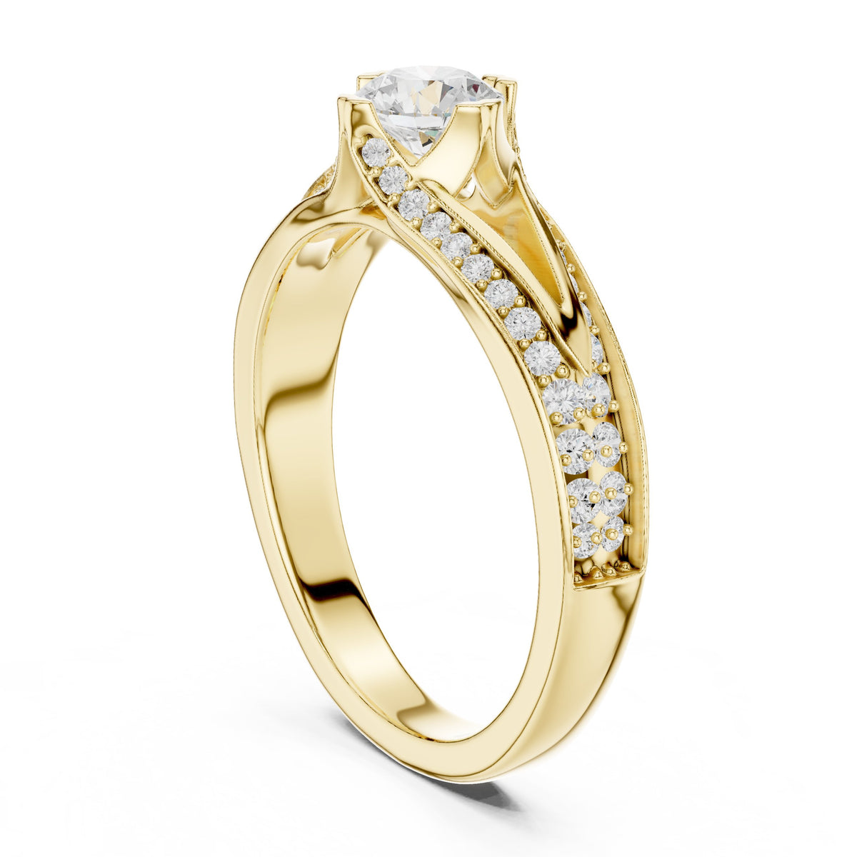 Round Diamond Engagement Ring with Split Shank Pavé Band