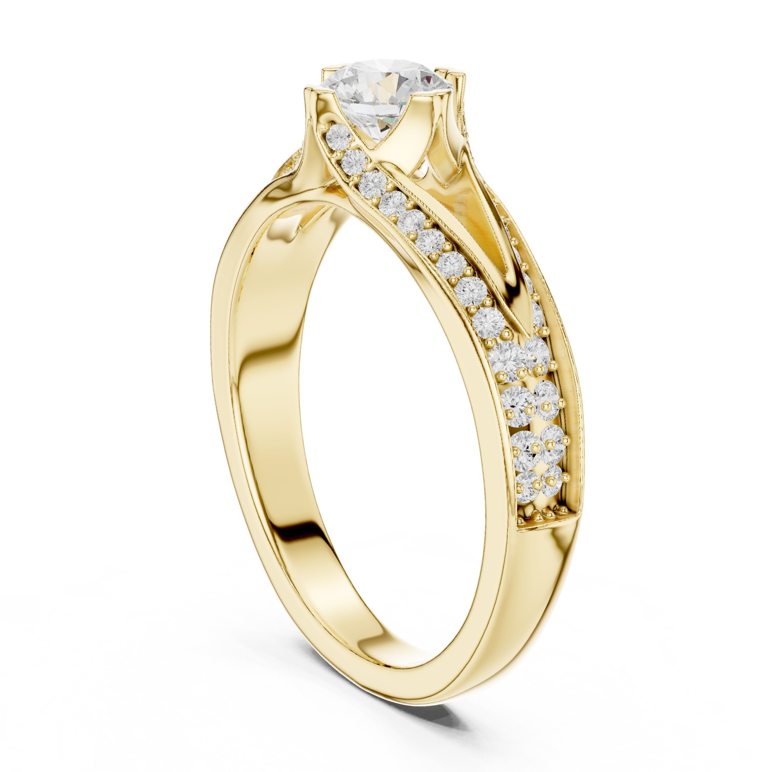 Round Diamond Engagement Ring with Split Shank Pavé Band in Yellow Gold - VYKA Diamonds