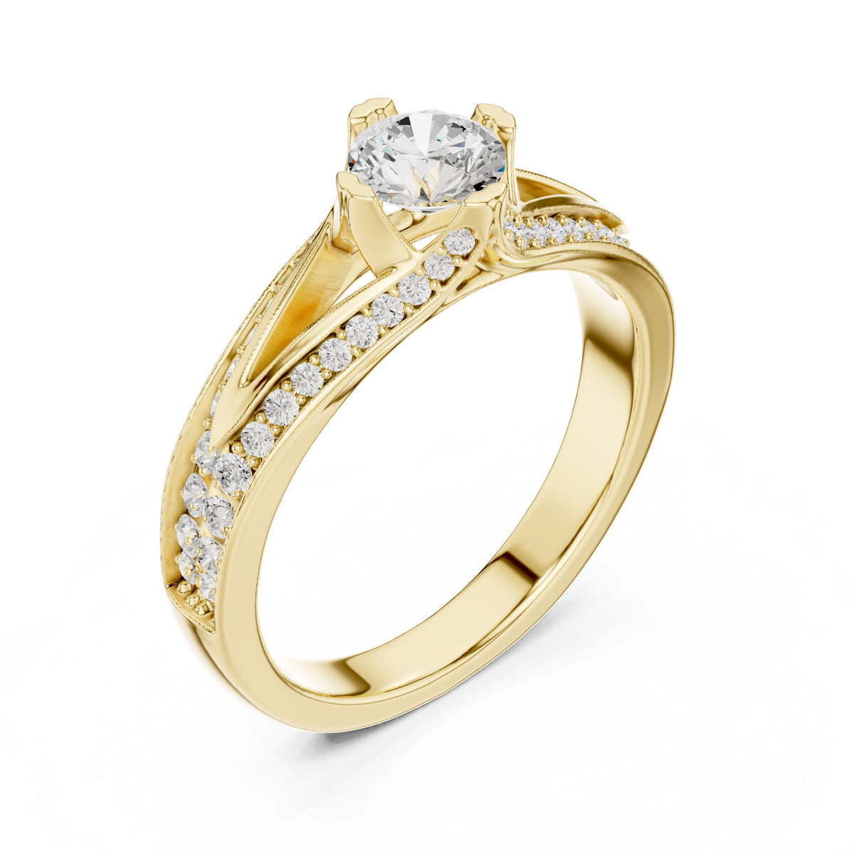 Round Diamond Engagement Ring with Split Shank Pavé Band