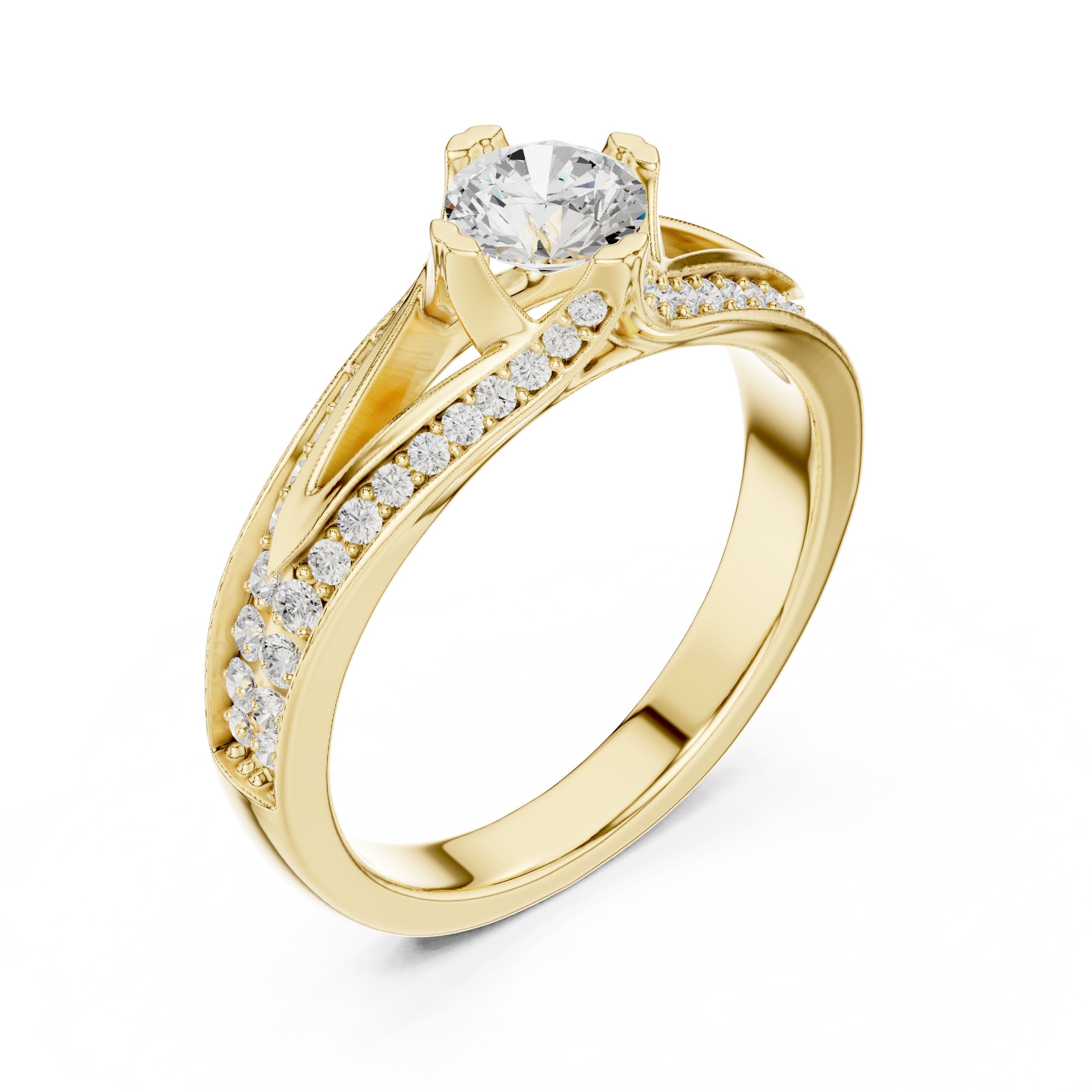 Round Diamond Engagement Ring with Split Shank Pavé Band in Yellow Gold - VYKA Diamonds