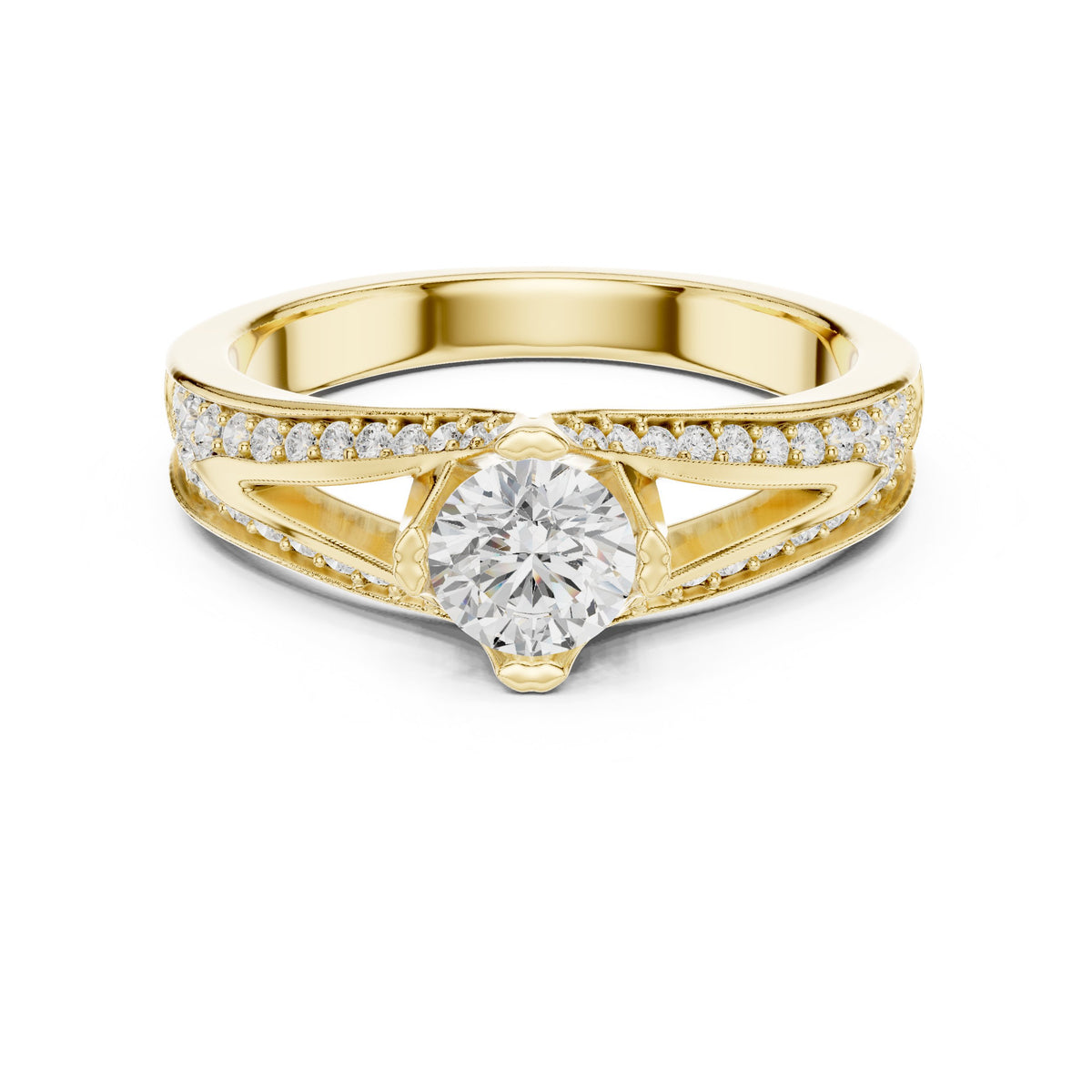 Round Diamond Engagement Ring with Split Shank Pavé Band