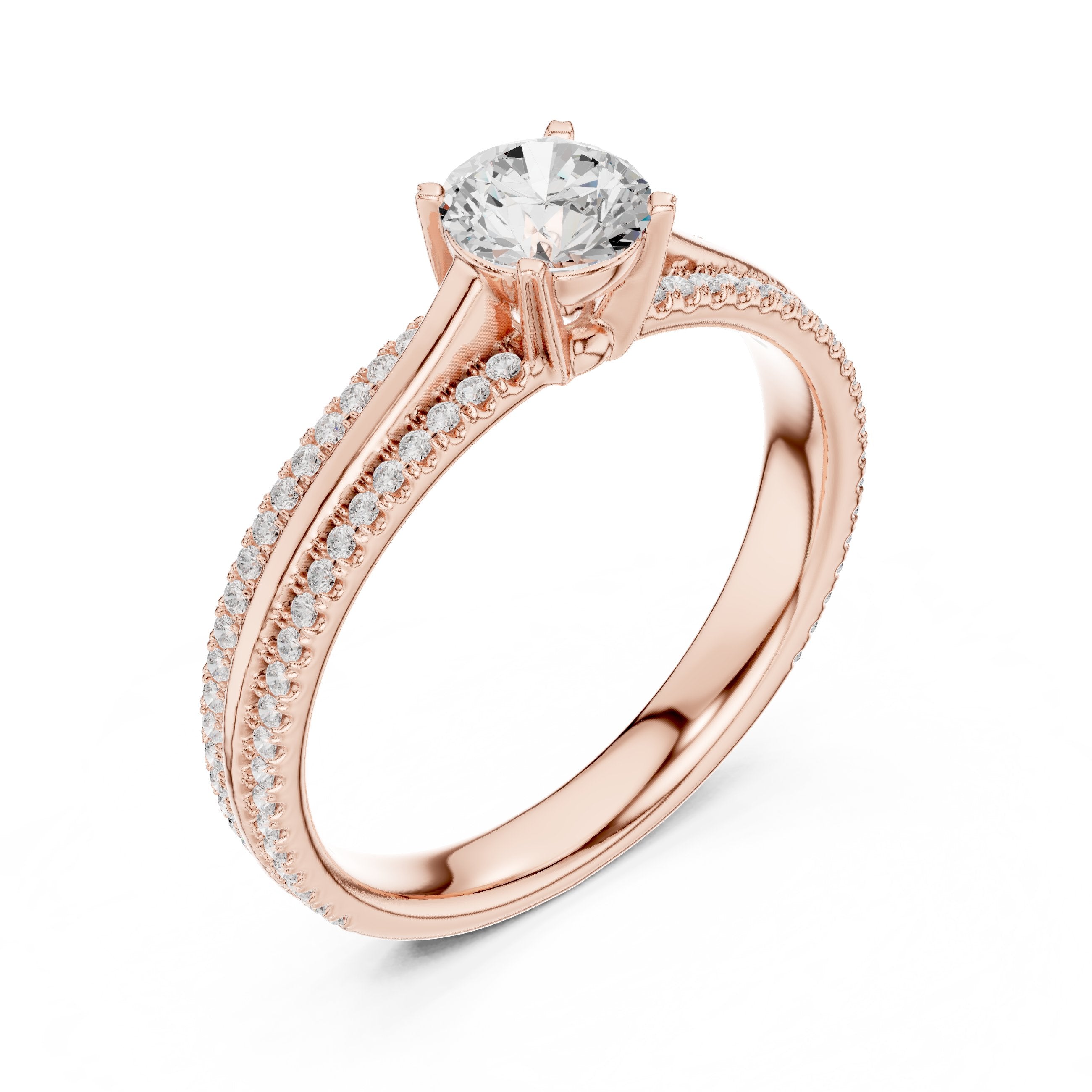 خاتم خطوبة ألماس مستدير بسوار بافيه مزدوج in Rose Gold - VYKA Diamonds