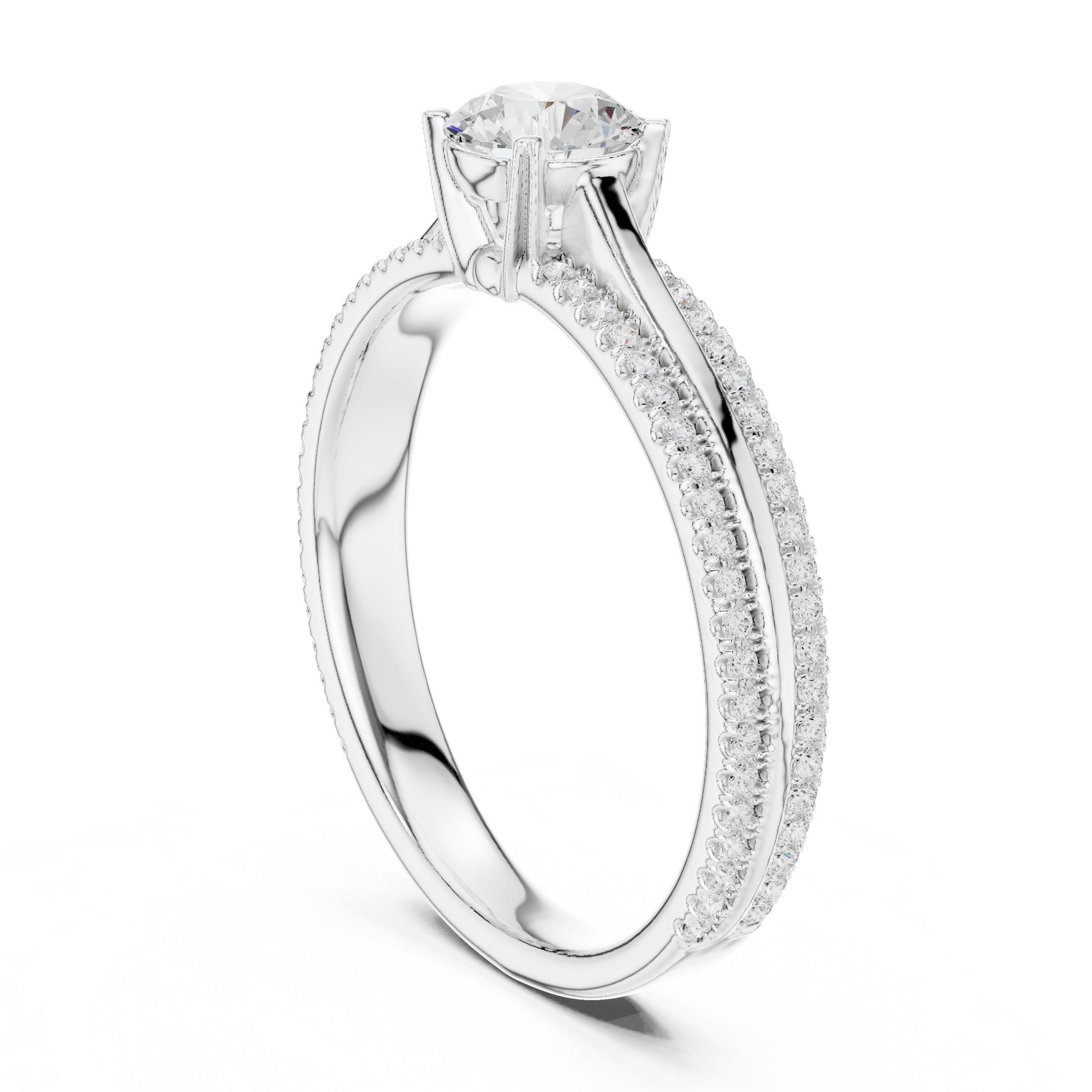 خاتم خطوبة ألماس مستدير بسوار بافيه مزدوج in White Gold - VYKA Diamonds