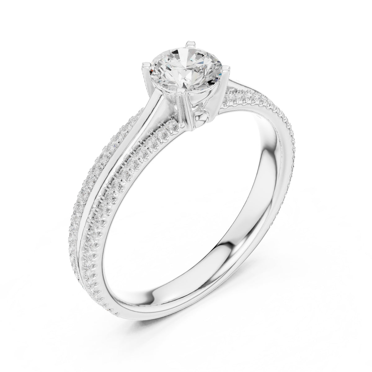 Round Diamond Engagement Ring with Double Pavé Band