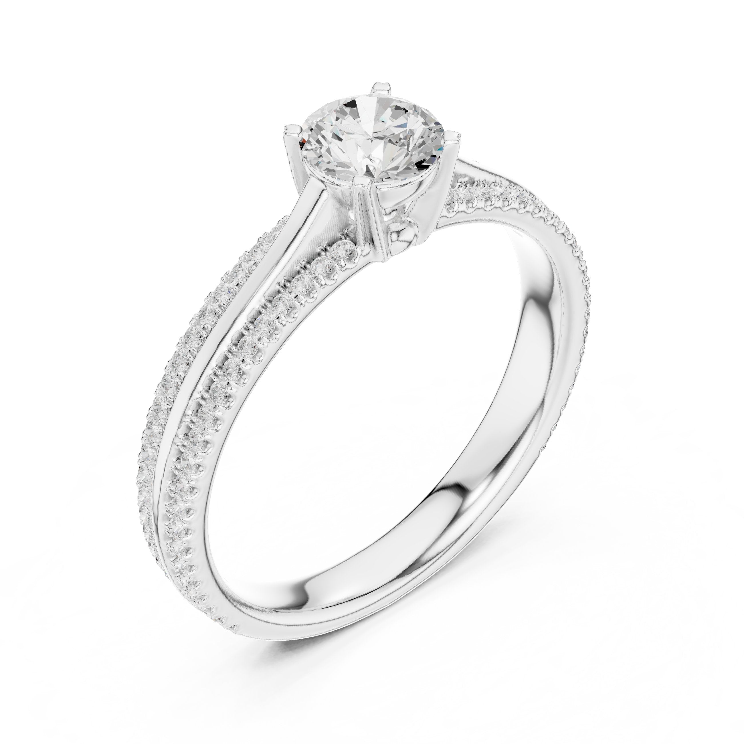 خاتم خطوبة ألماس مستدير بسوار بافيه مزدوج in White Gold - VYKA Diamonds