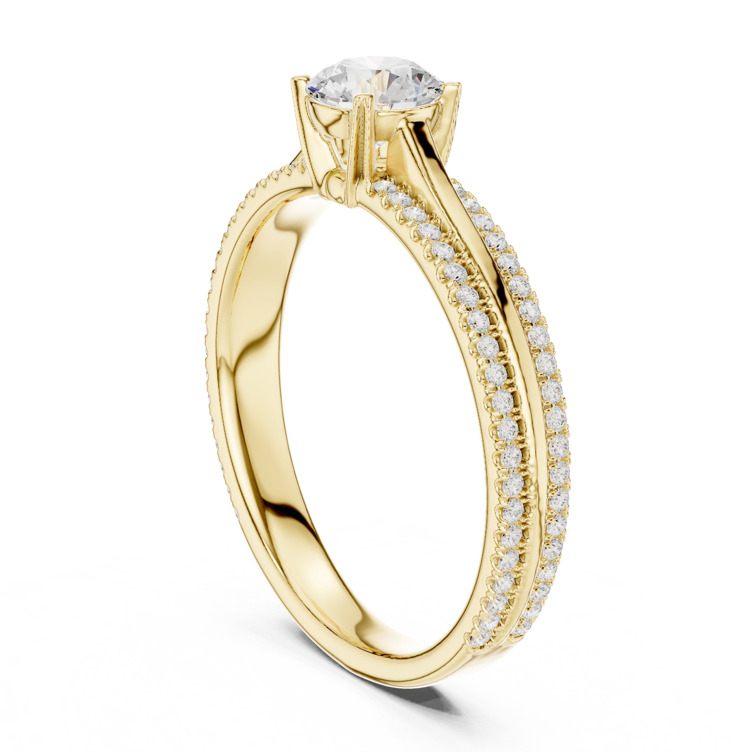 خاتم خطوبة ألماس مستدير بسوار بافيه مزدوج in Yellow Gold - VYKA Diamonds