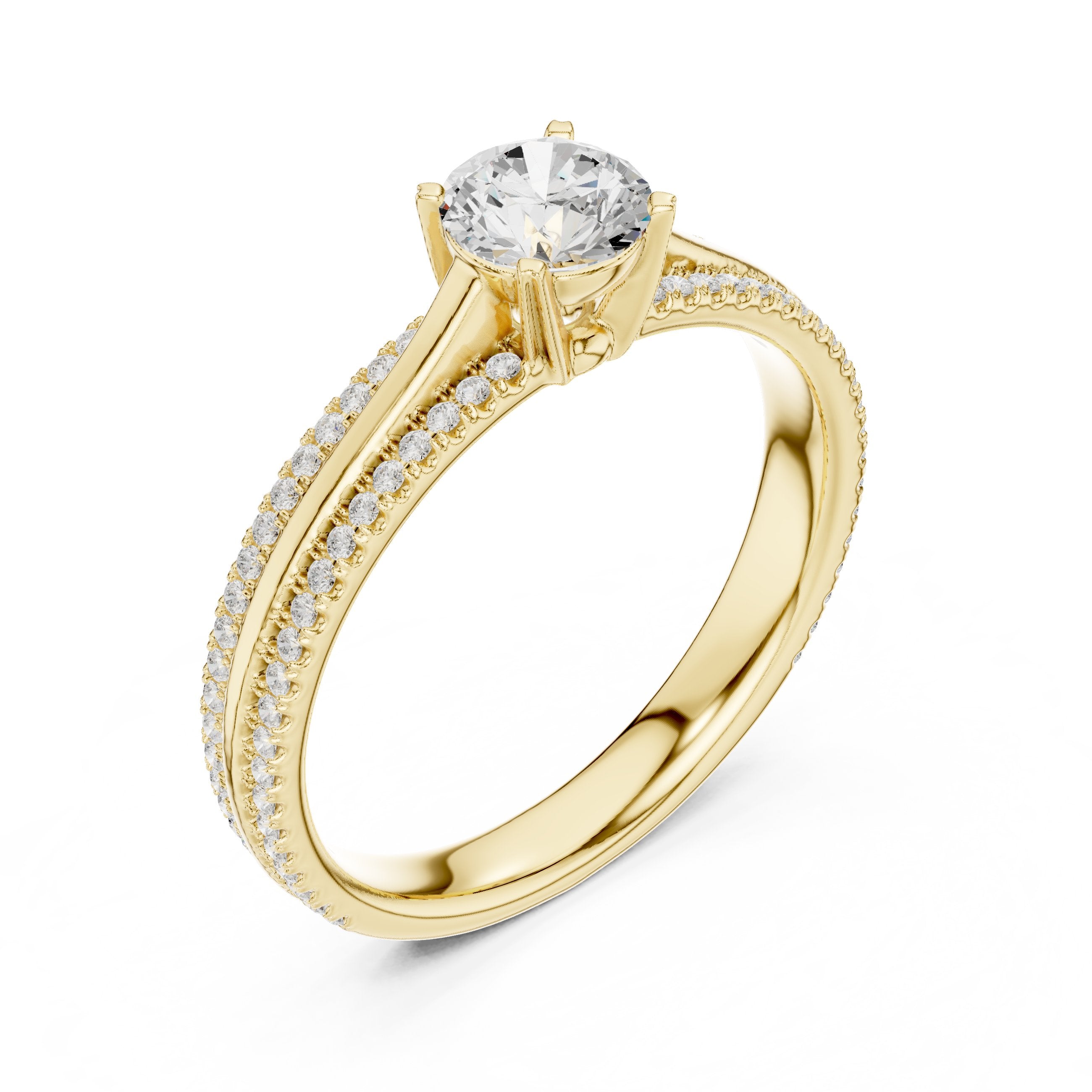 خاتم خطوبة ألماس مستدير بسوار بافيه مزدوج in Yellow Gold - VYKA Diamonds