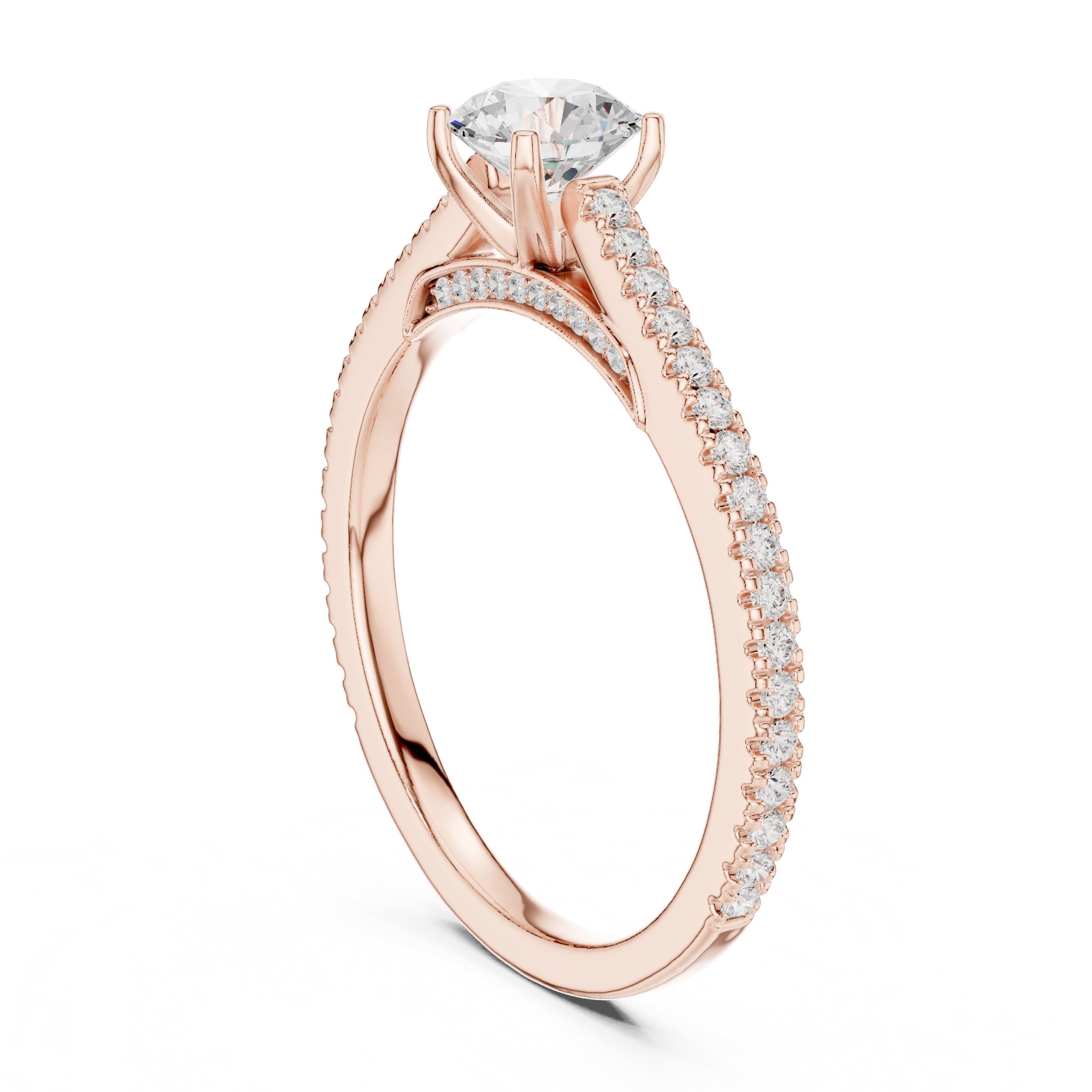 Round Diamond Cathedral Engagement Ring with Pavé Band in Rose Gold - VYKA Diamonds