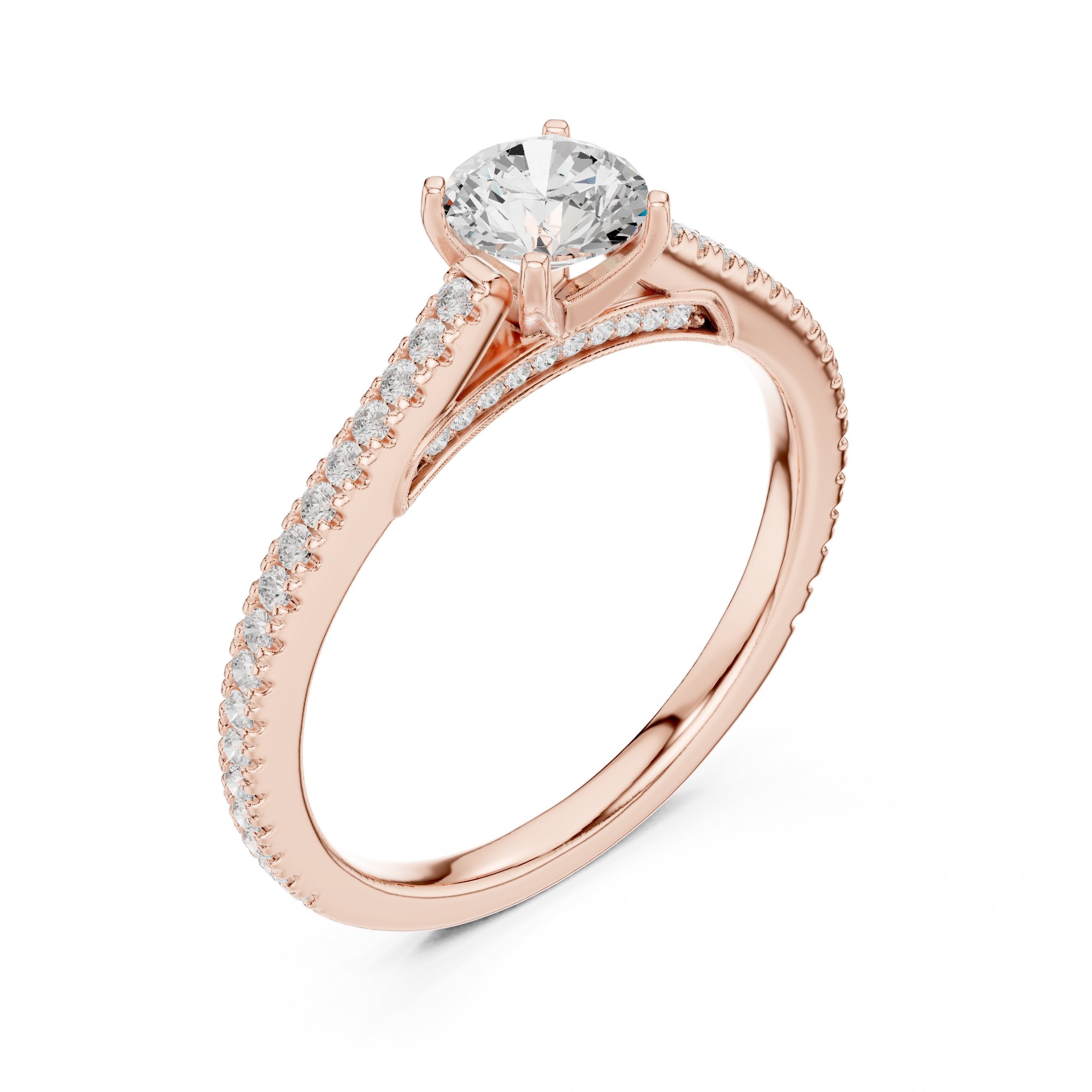Round Diamond Cathedral Engagement Ring with Pavé Band in Rose Gold - VYKA Diamonds
