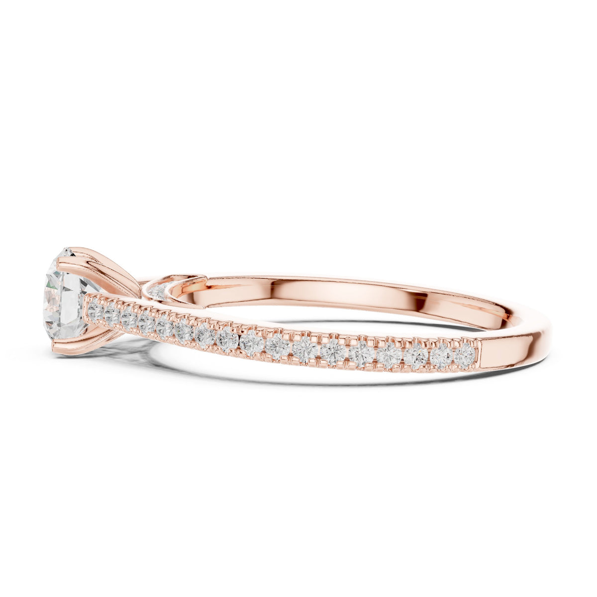 Round Diamond Cathedral Engagement Ring with Pavé Band