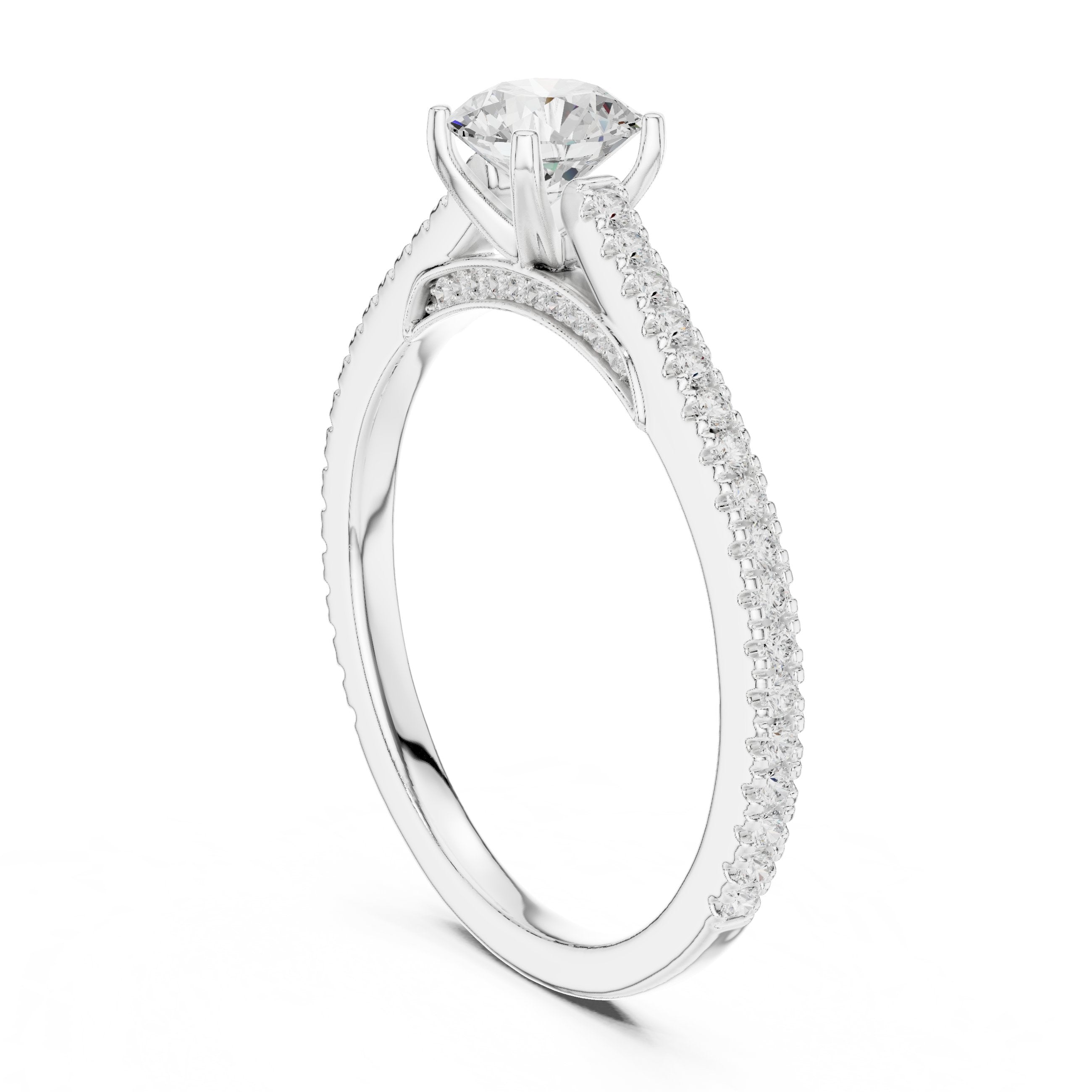Round Diamond Cathedral Engagement Ring with Pavé Band in White Gold - VYKA Diamonds