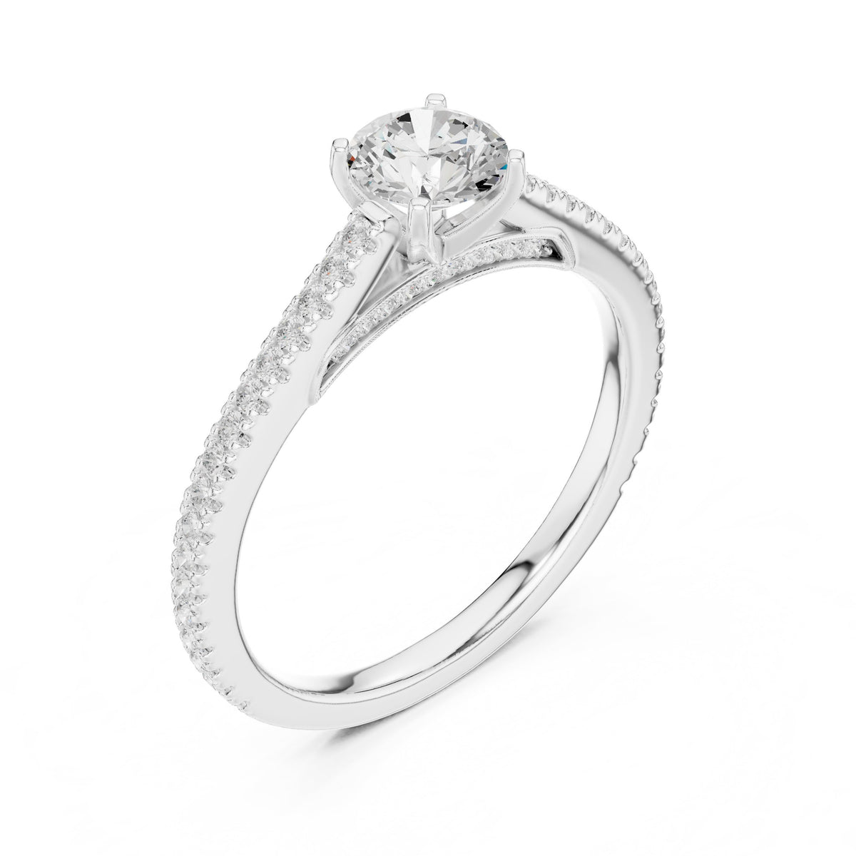 Round Diamond Cathedral Engagement Ring with Pavé Band