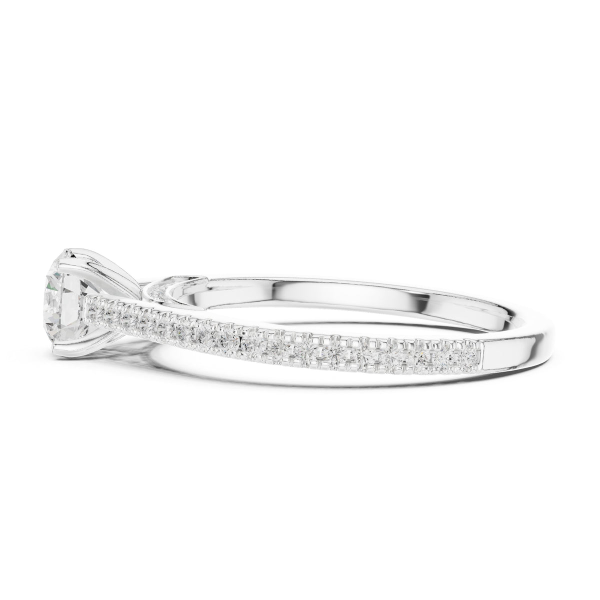 Round Diamond Cathedral Engagement Ring with Pavé Band