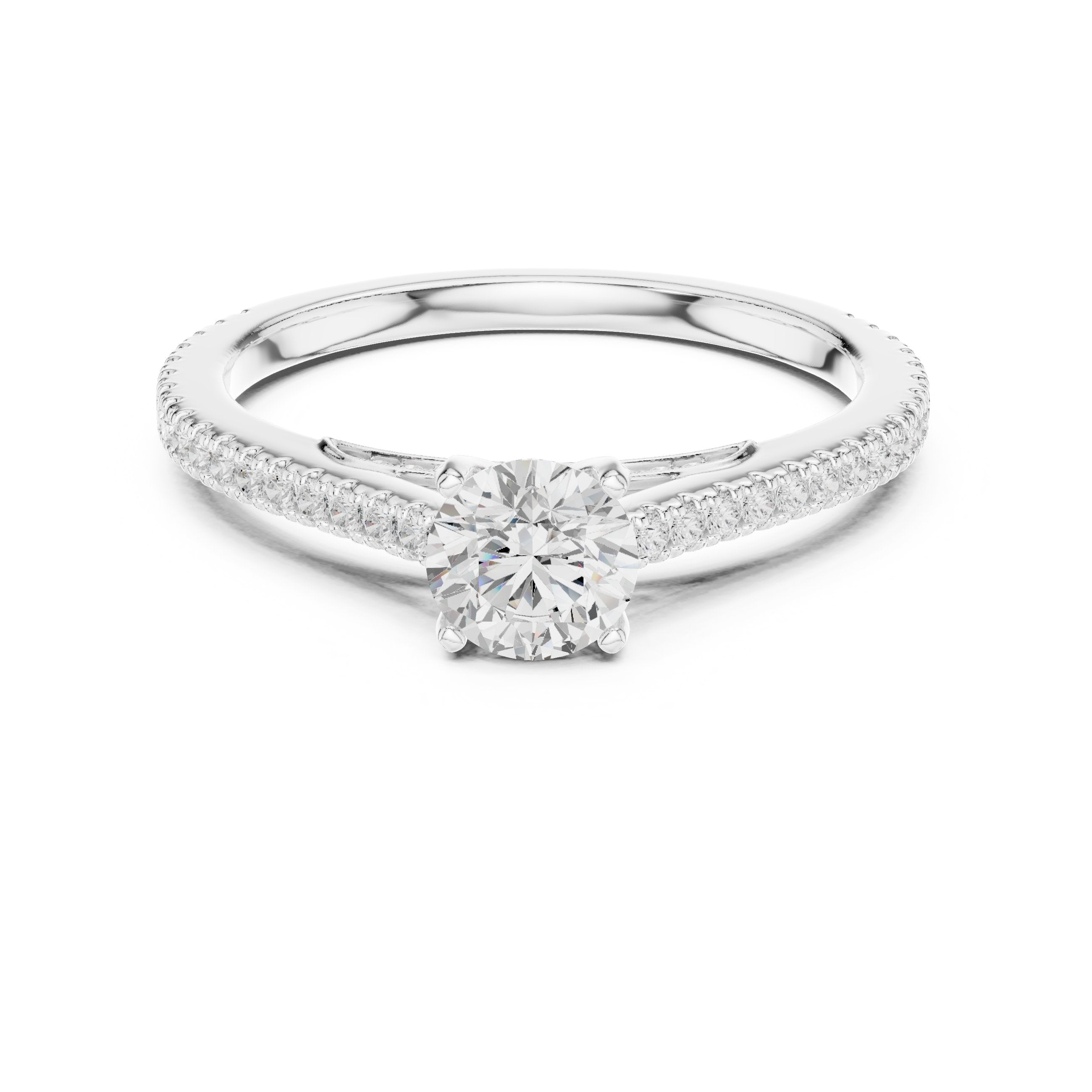 Round Diamond Cathedral Engagement Ring with Pavé Band in White Gold - VYKA Diamonds