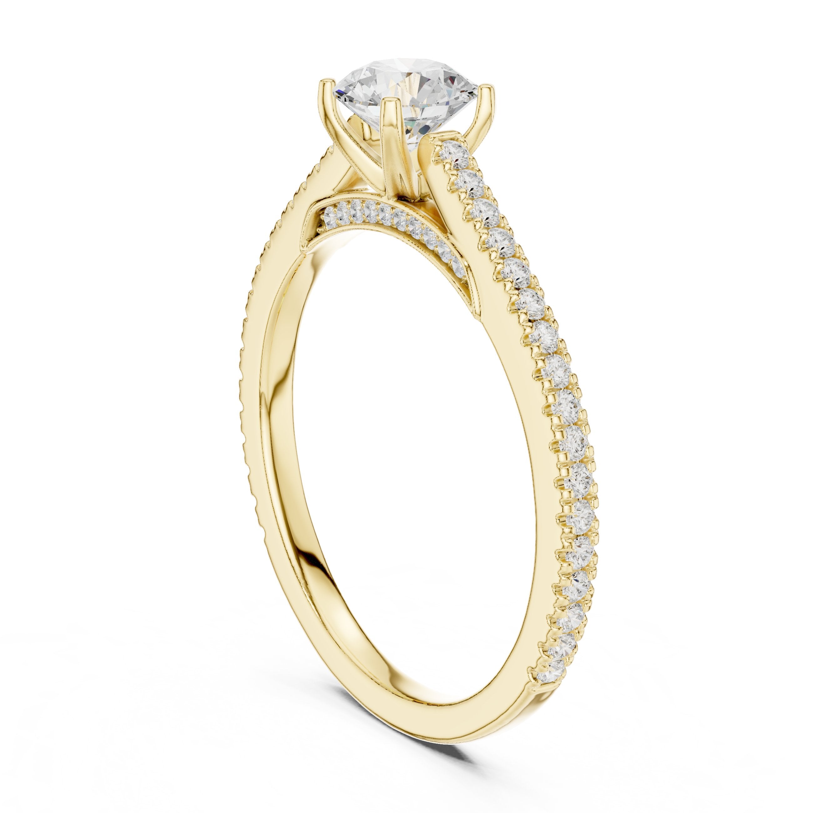Round Diamond Cathedral Engagement Ring with Pavé Band in Yellow Gold - VYKA Diamonds