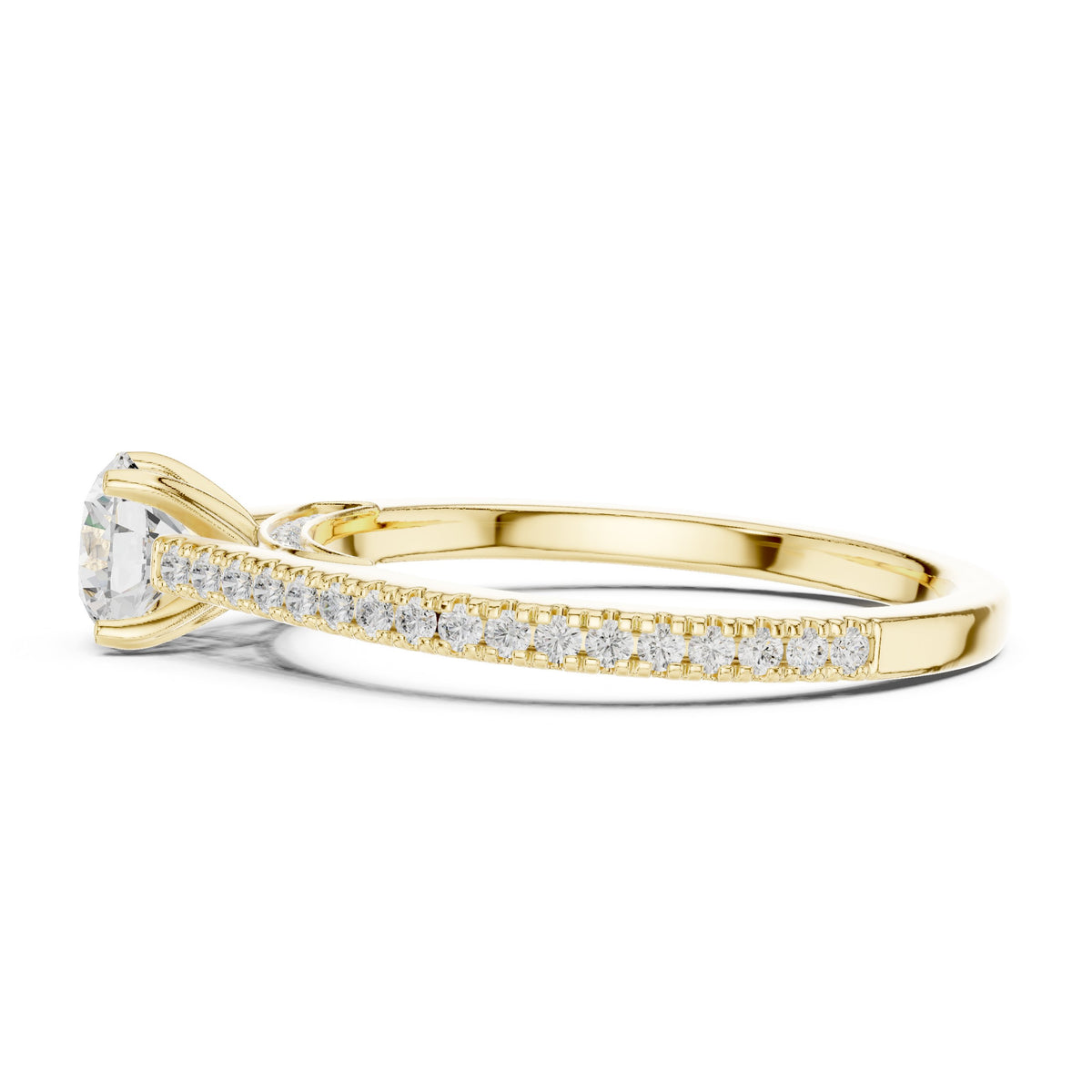 Round Diamond Cathedral Engagement Ring with Pavé Band