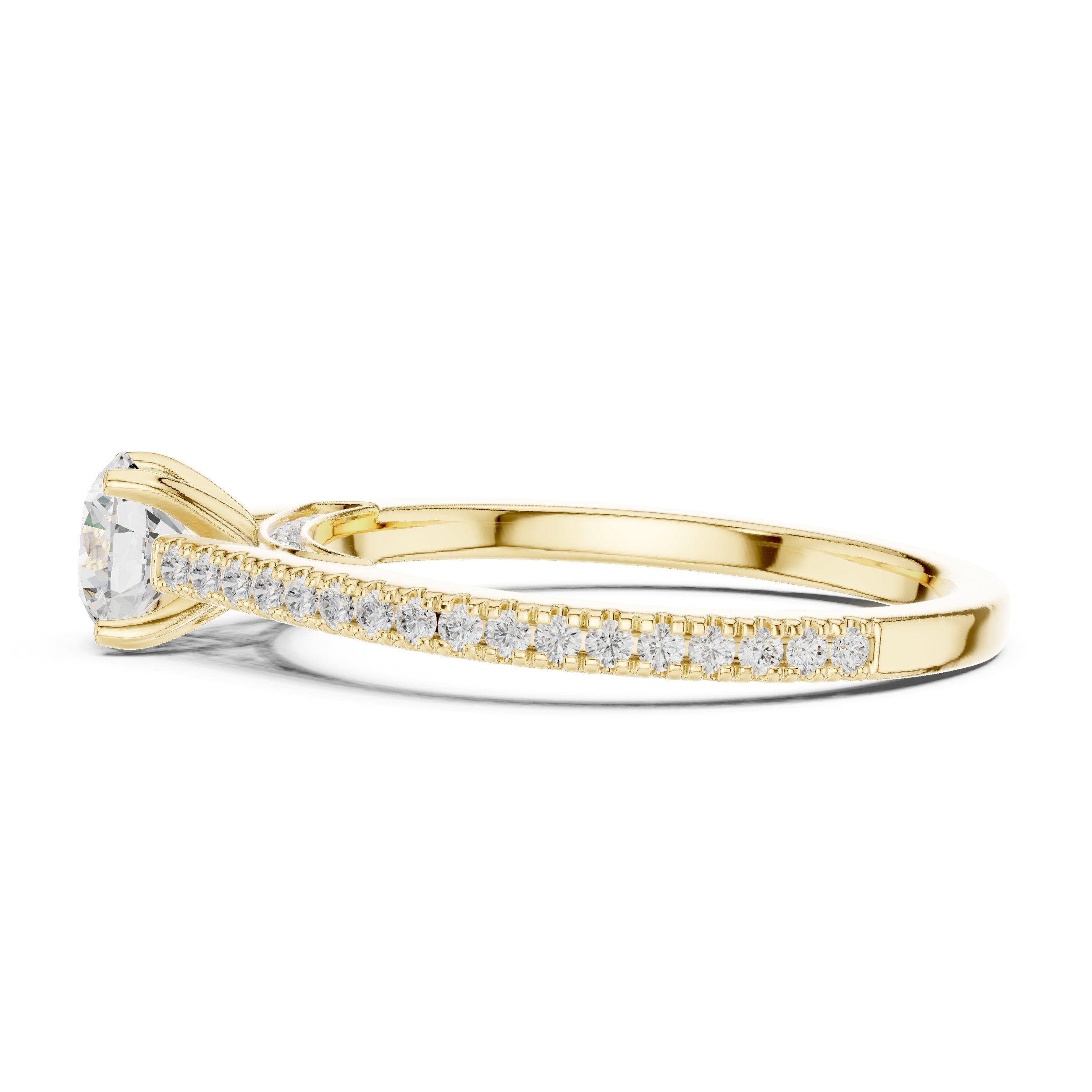 Round Diamond Cathedral Engagement Ring with Pavé Band in Yellow Gold - VYKA Diamonds