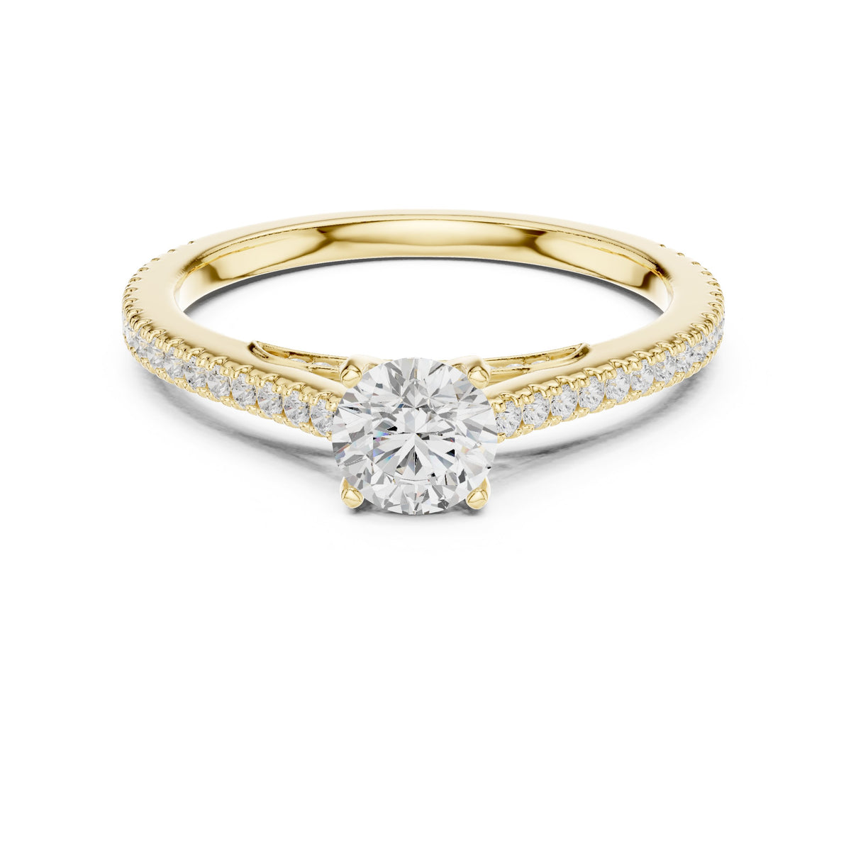 Round Diamond Cathedral Engagement Ring with Pavé Band