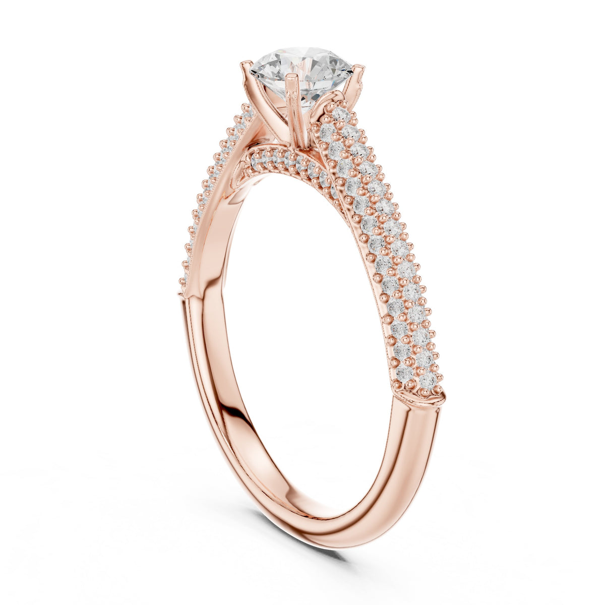 Round Diamond Engagement Ring with Multi-Row Pavé Tapered Band