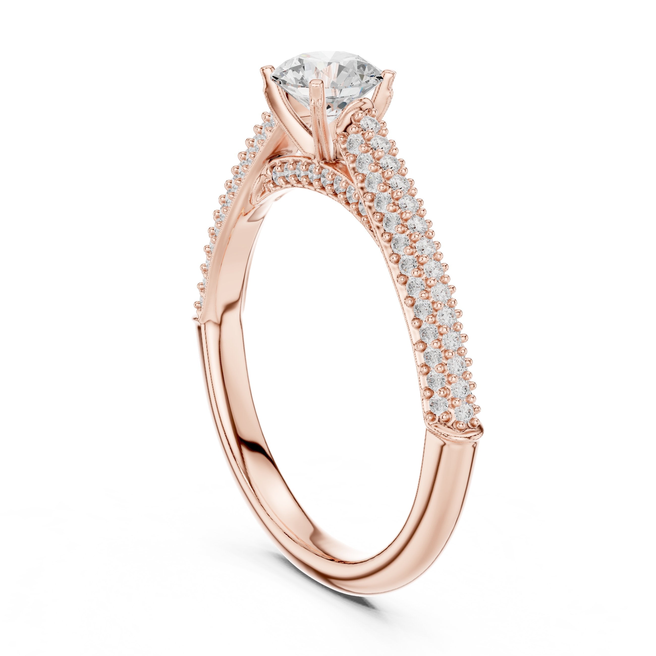 Round Diamond Engagement Ring with Multi-Row Pavé Tapered Band in Rose Gold - VYKA Diamonds