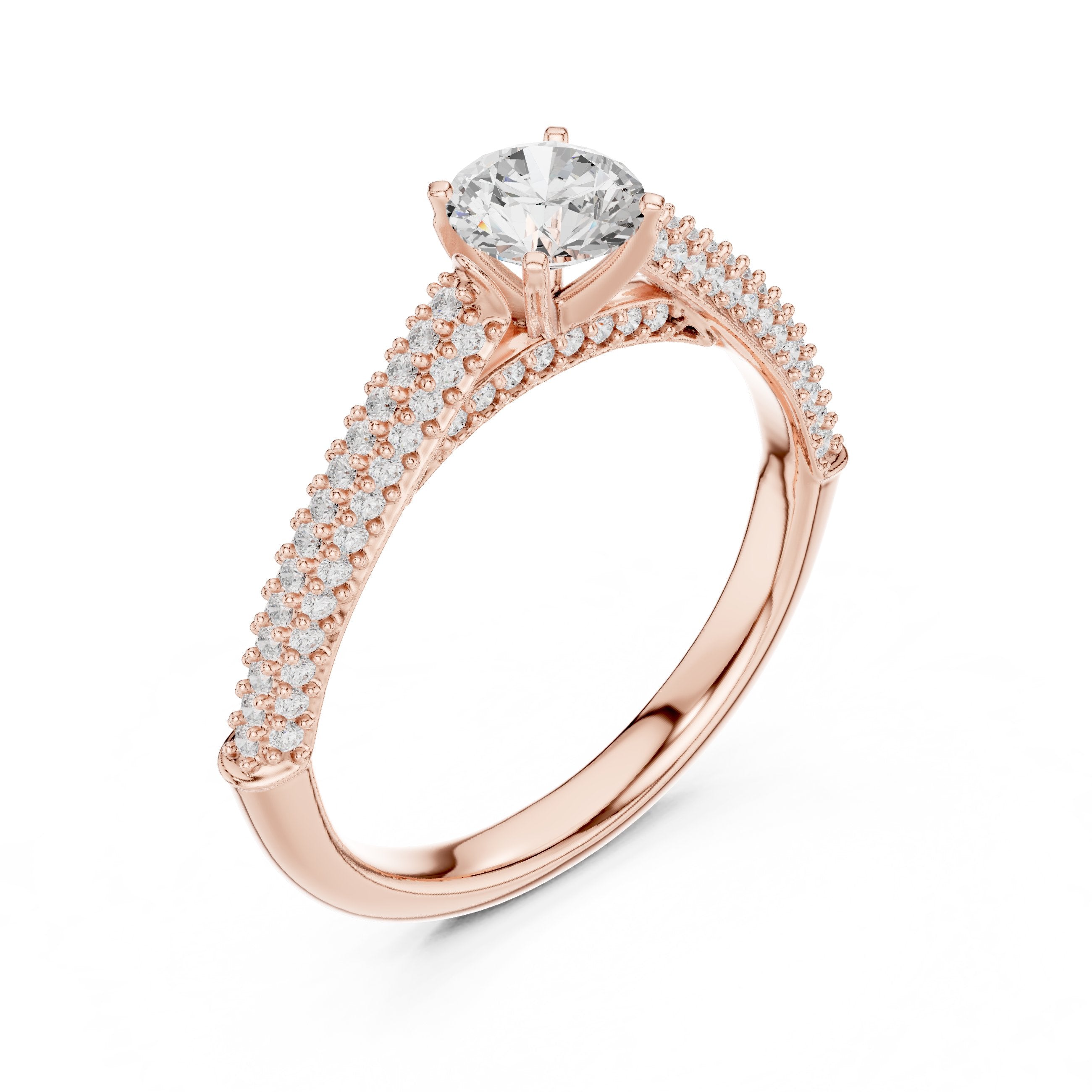 Round Diamond Engagement Ring with Multi-Row Pavé Tapered Band in Rose Gold - VYKA Diamonds