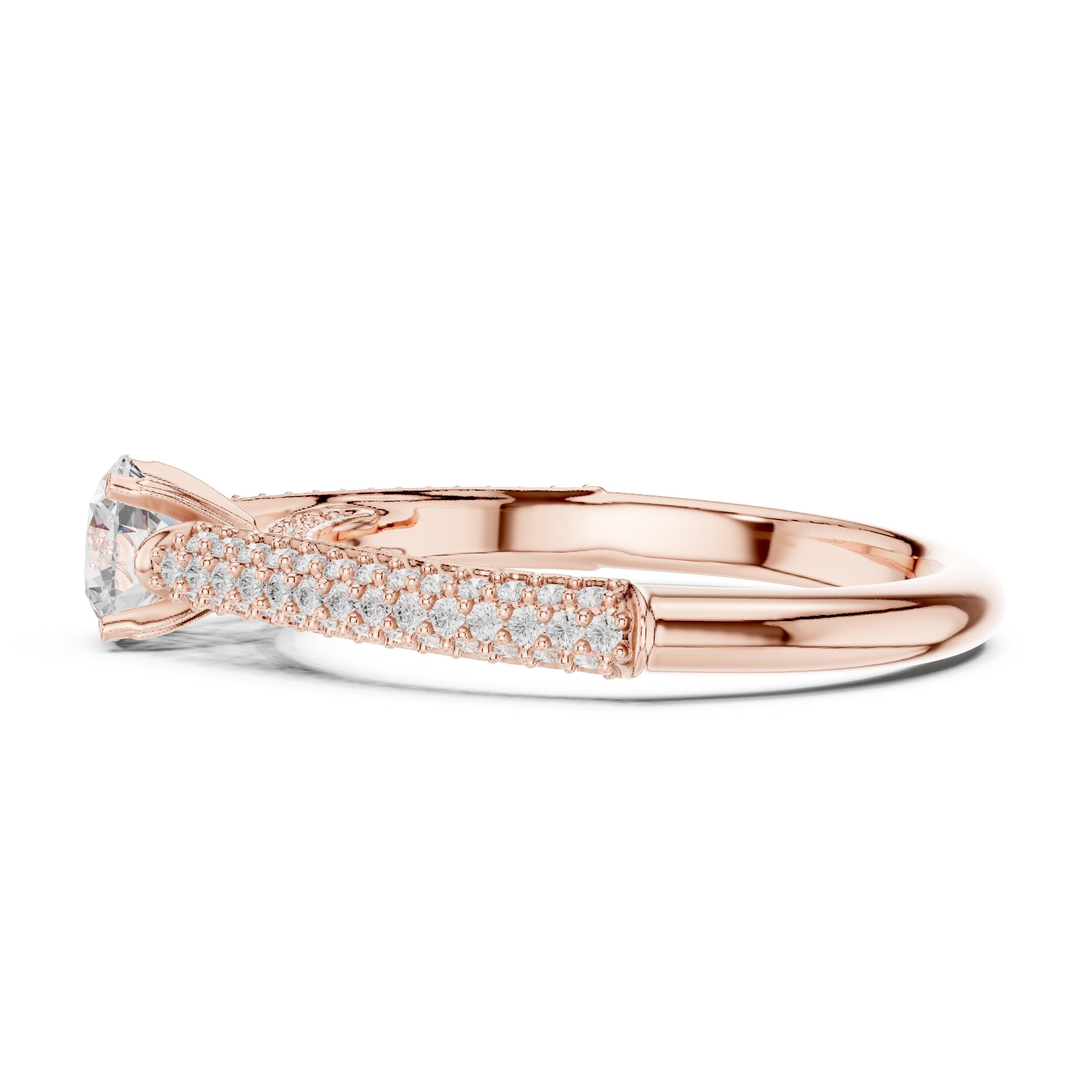 Round Diamond Engagement Ring with Multi-Row Pavé Tapered Band in Rose Gold - VYKA Diamonds