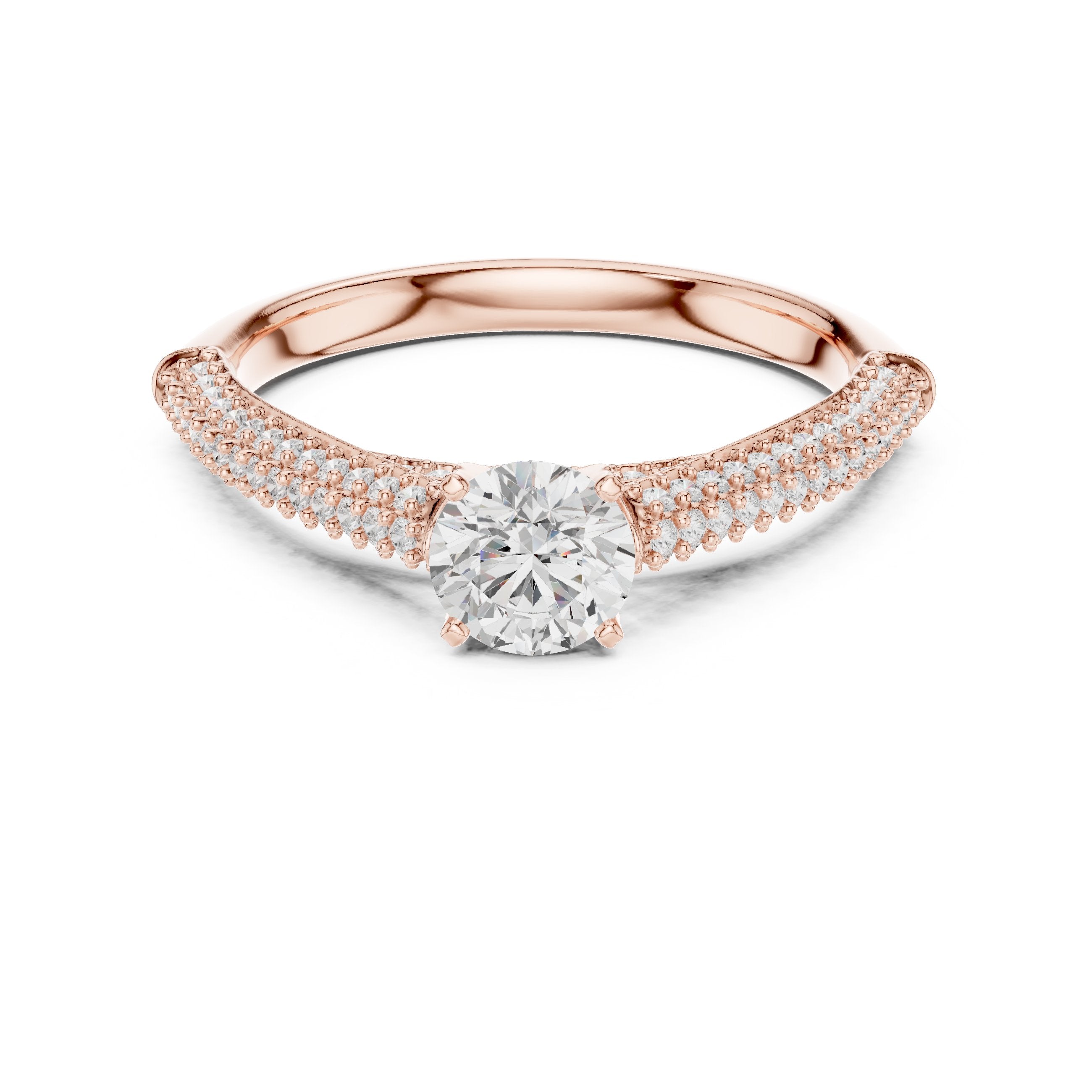 Round Diamond Engagement Ring with Multi-Row Pavé Tapered Band in Rose Gold - VYKA Diamonds