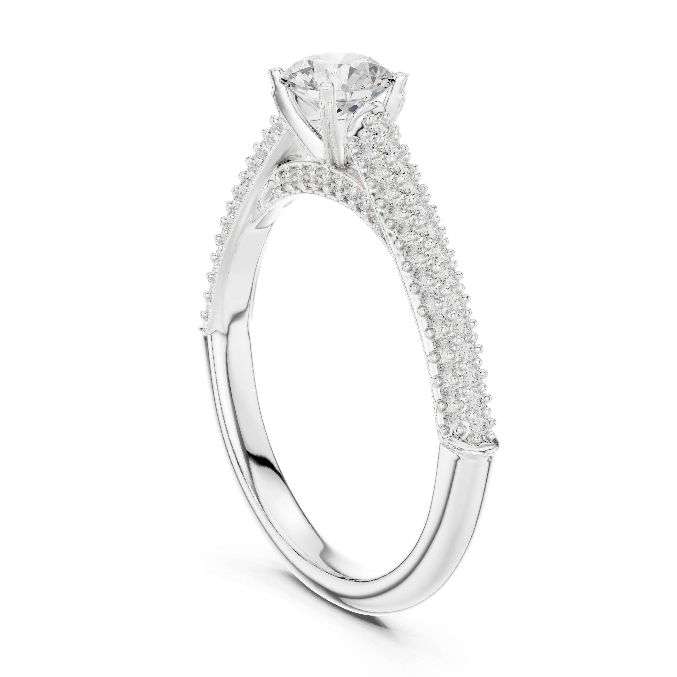 Round Diamond Engagement Ring with Multi-Row Pavé Tapered Band in White Gold - VYKA Diamonds