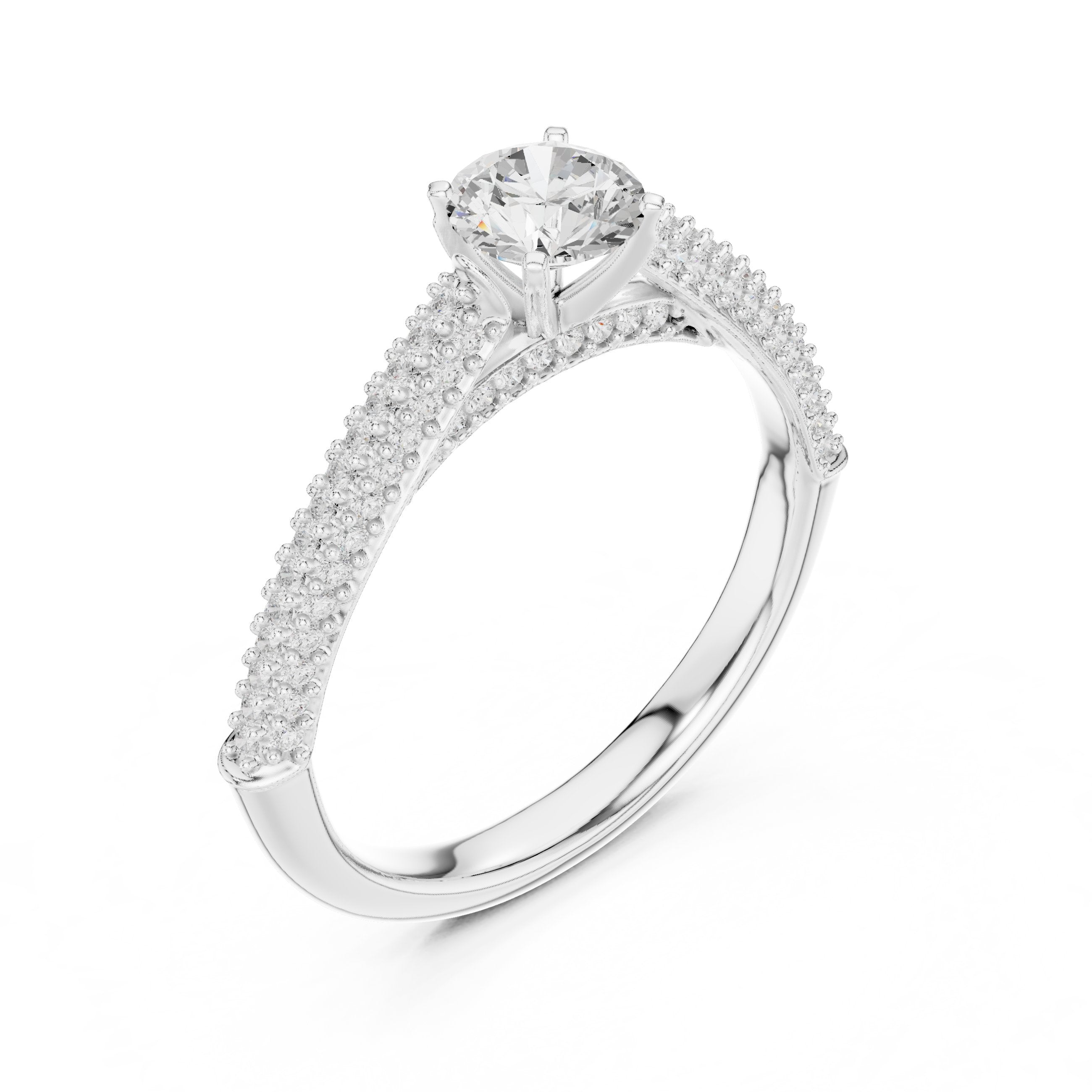 Round Diamond Engagement Ring with Multi-Row Pavé Tapered Band in White Gold - VYKA Diamonds