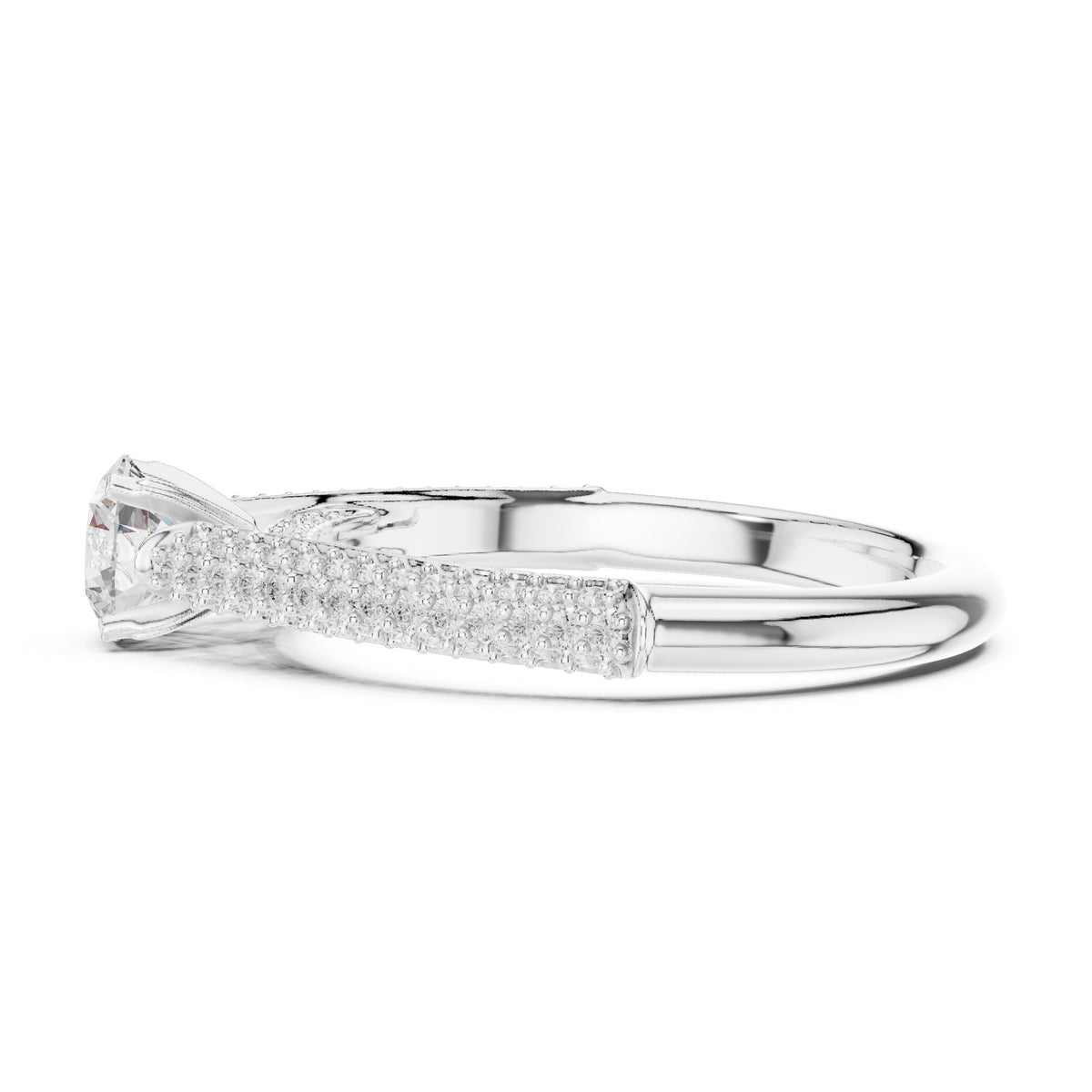 Round Diamond Engagement Ring with Multi-Row Pavé Tapered Band