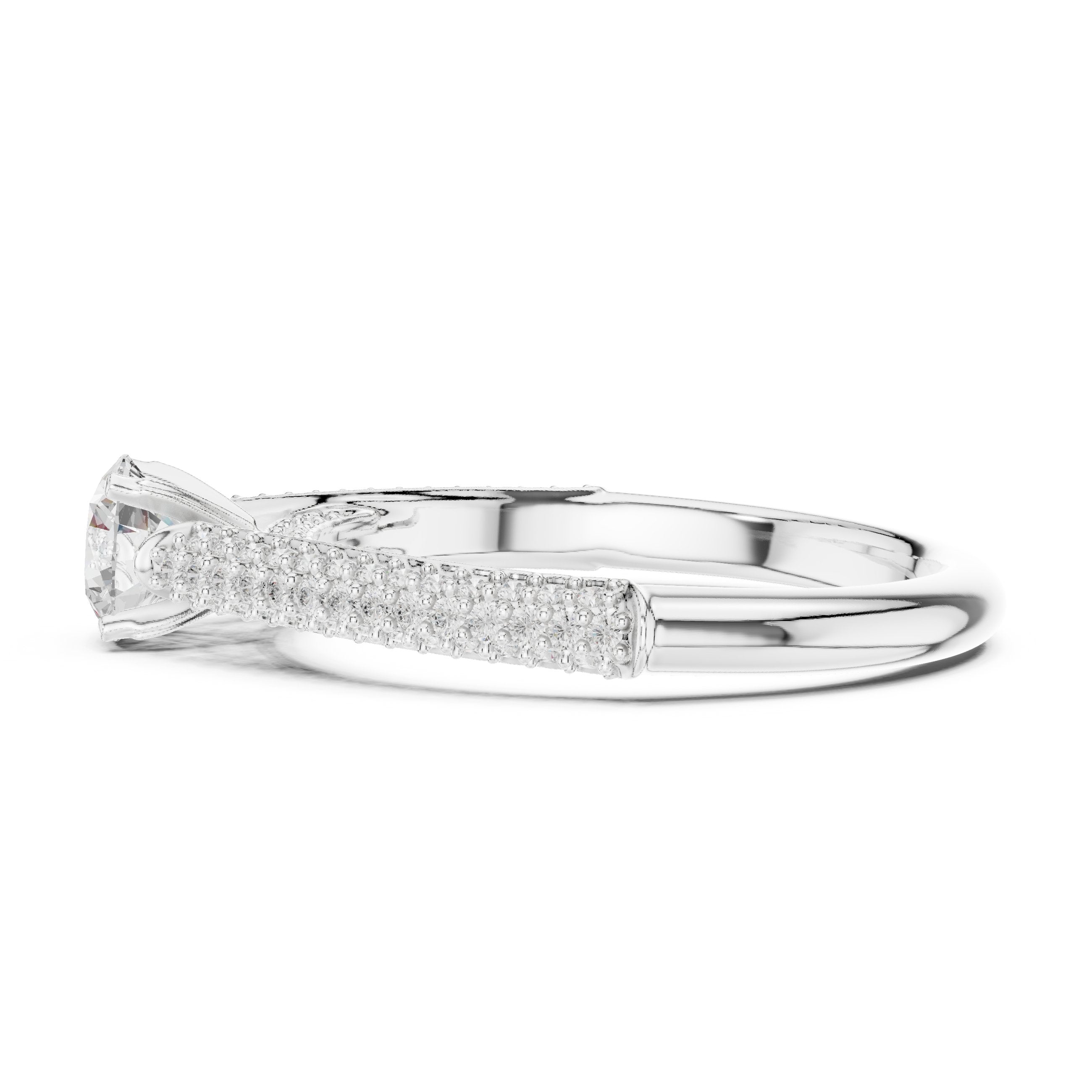 Round Diamond Engagement Ring with Multi-Row Pavé Tapered Band in White Gold - VYKA Diamonds