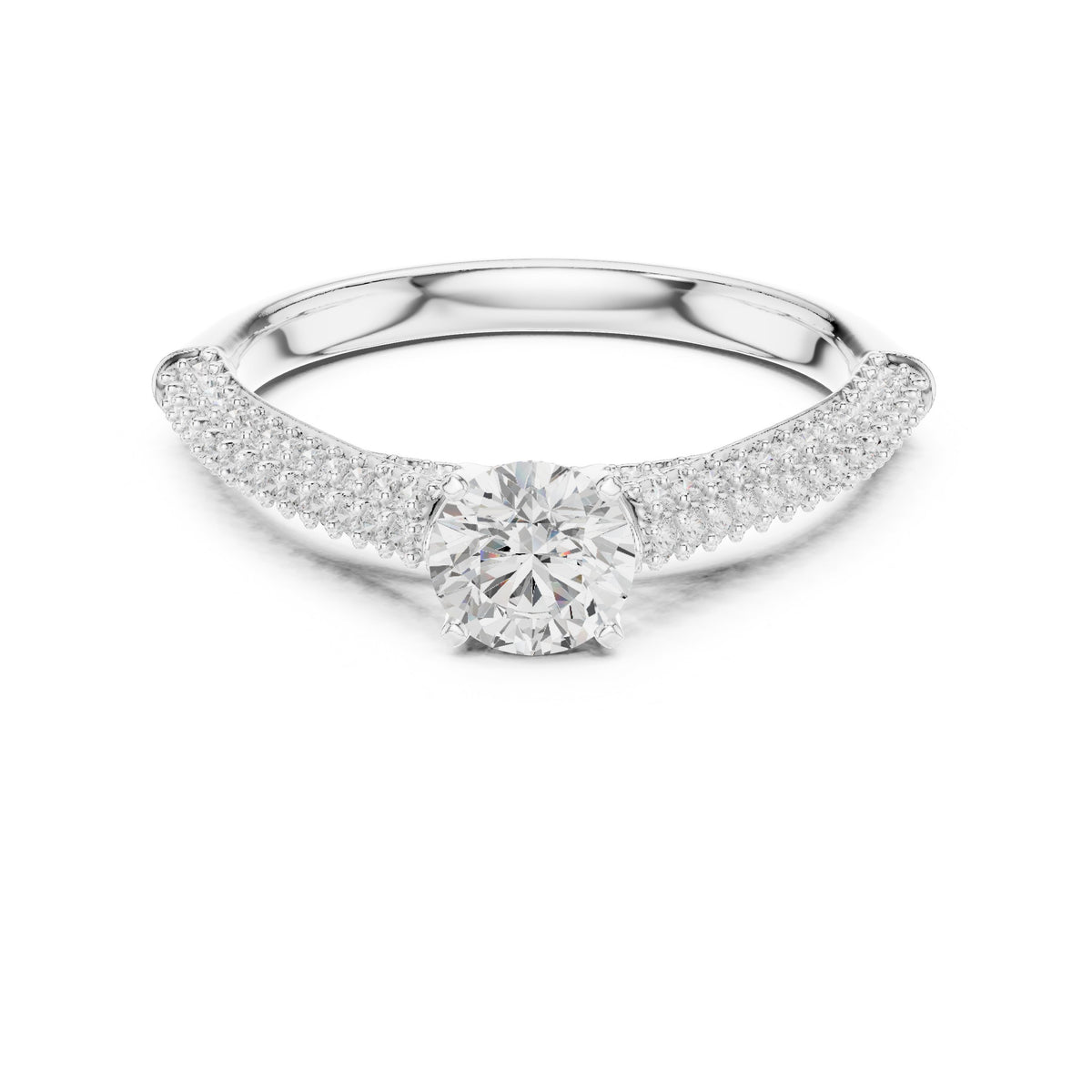 Round Diamond Engagement Ring with Multi-Row Pavé Tapered Band
