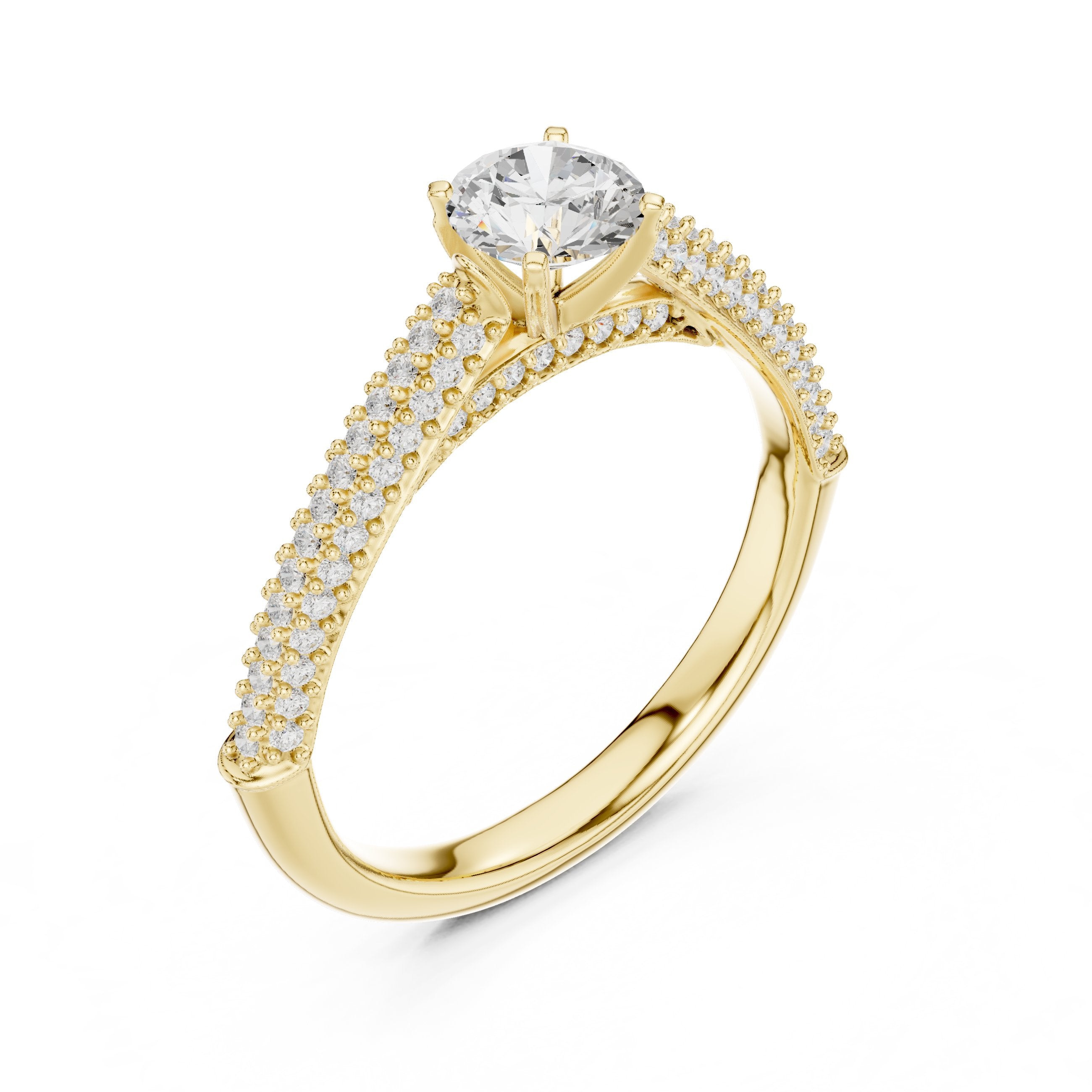Round Diamond Engagement Ring with Multi-Row Pavé Tapered Band in Yellow Gold - VYKA Diamonds