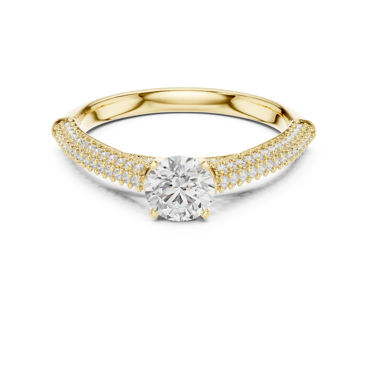 Round Diamond Engagement Ring with Multi-Row Pavé Tapered Band