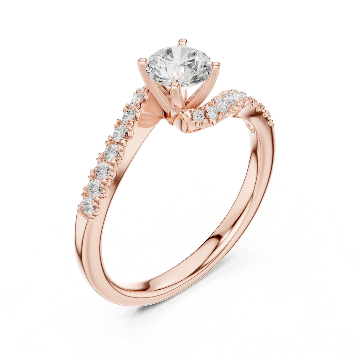 Round Diamond Bypass Engagement Ring with Pavé Band
