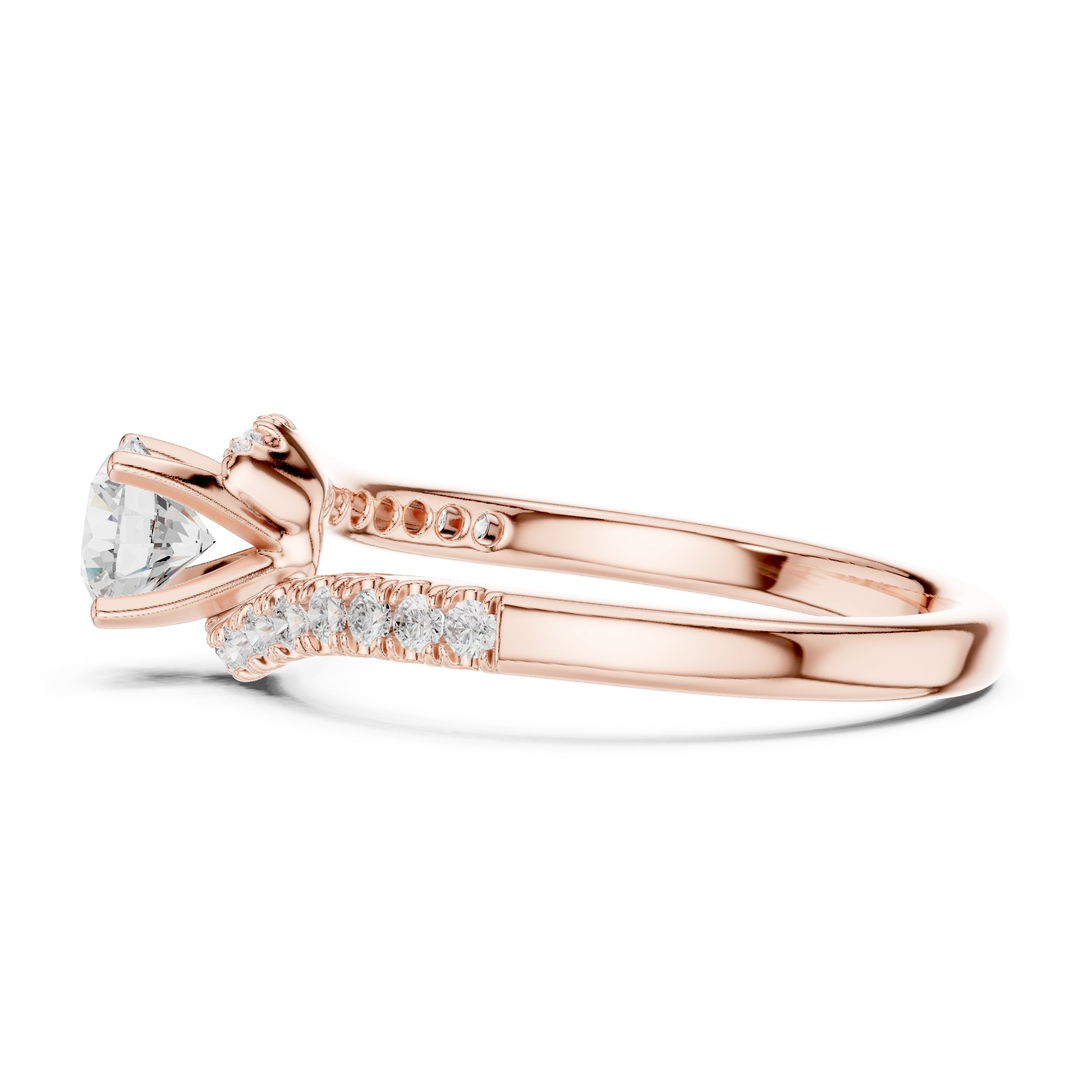 Round Diamond Bypass Engagement Ring with Pavé Band in Rose Gold - VYKA Diamonds