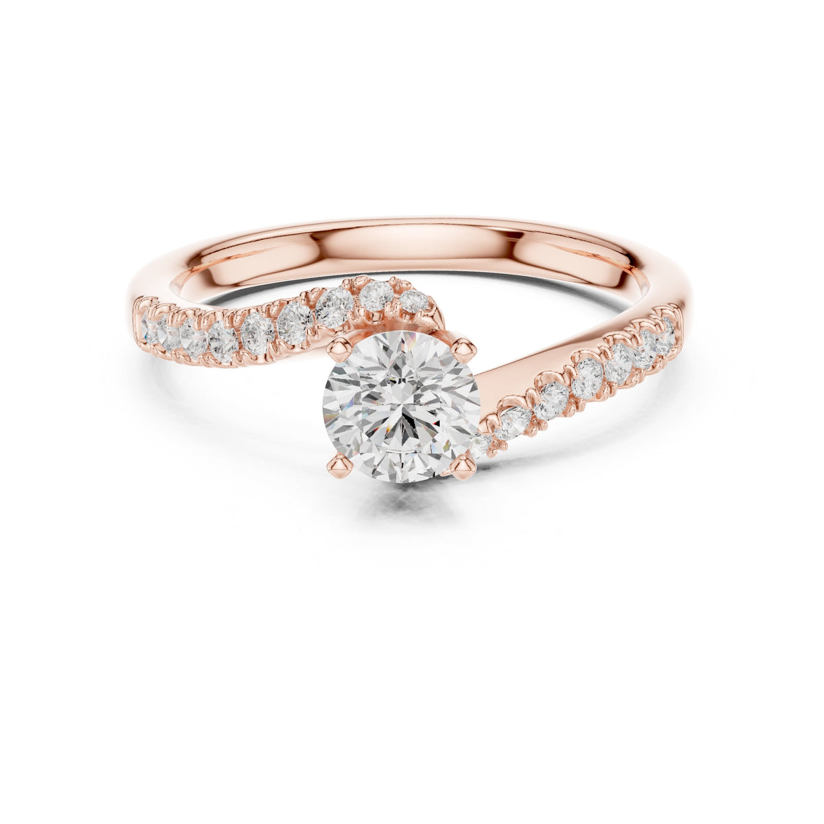 Round Diamond Bypass Engagement Ring with Pavé Band