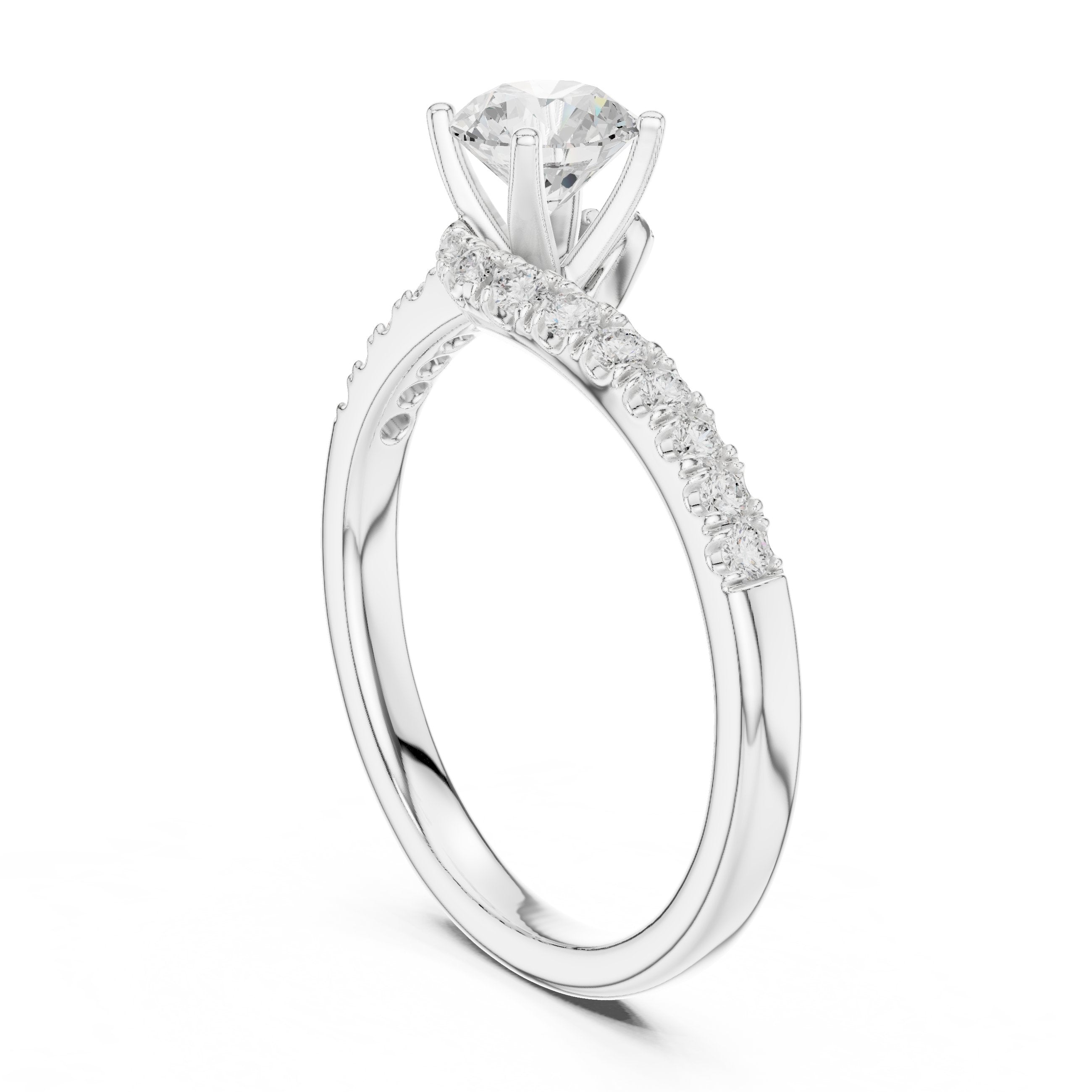 Round Diamond Bypass Engagement Ring with Pavé Band in White Gold - VYKA Diamonds