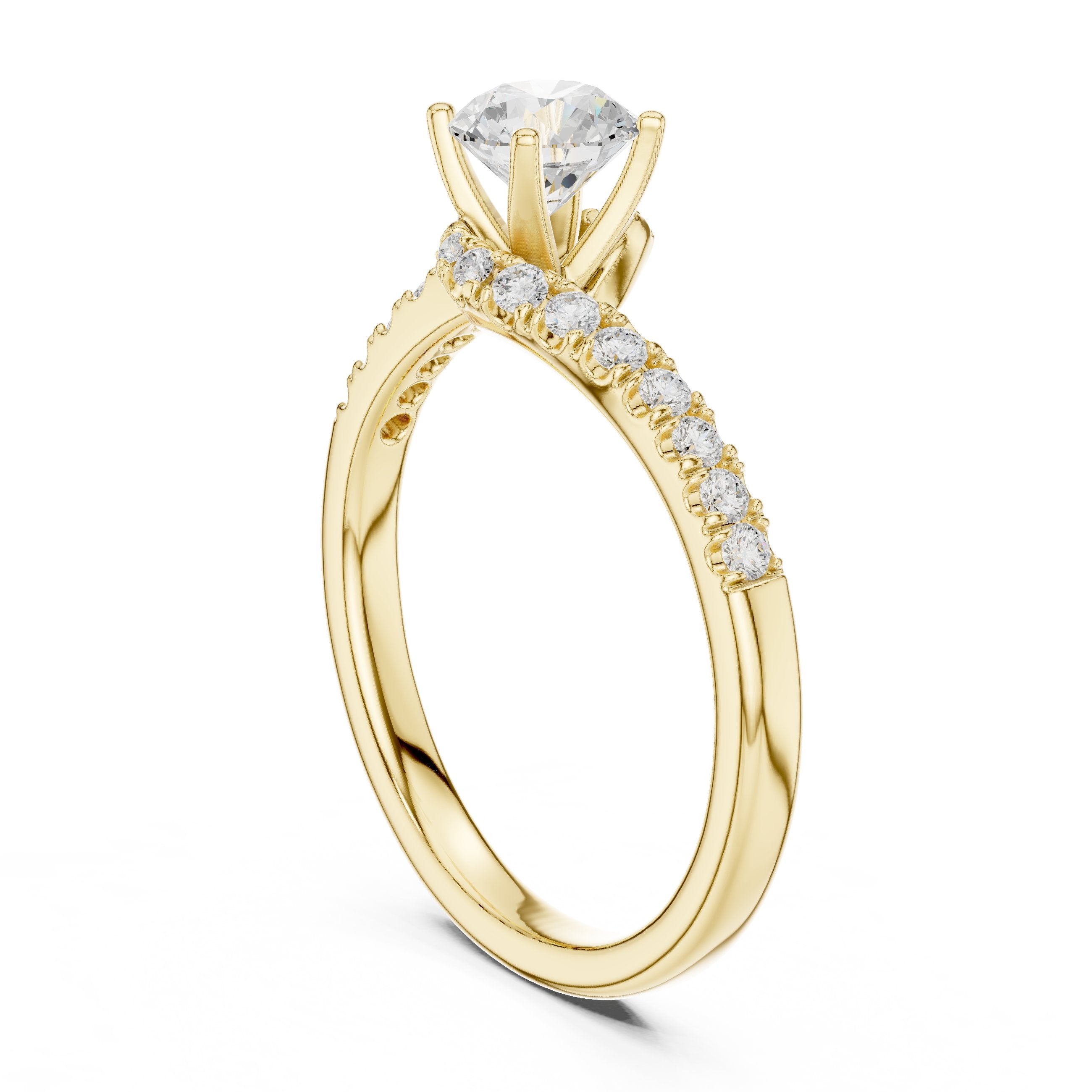 Round Diamond Bypass Engagement Ring with Pavé Band in Yellow Gold - VYKA Diamonds