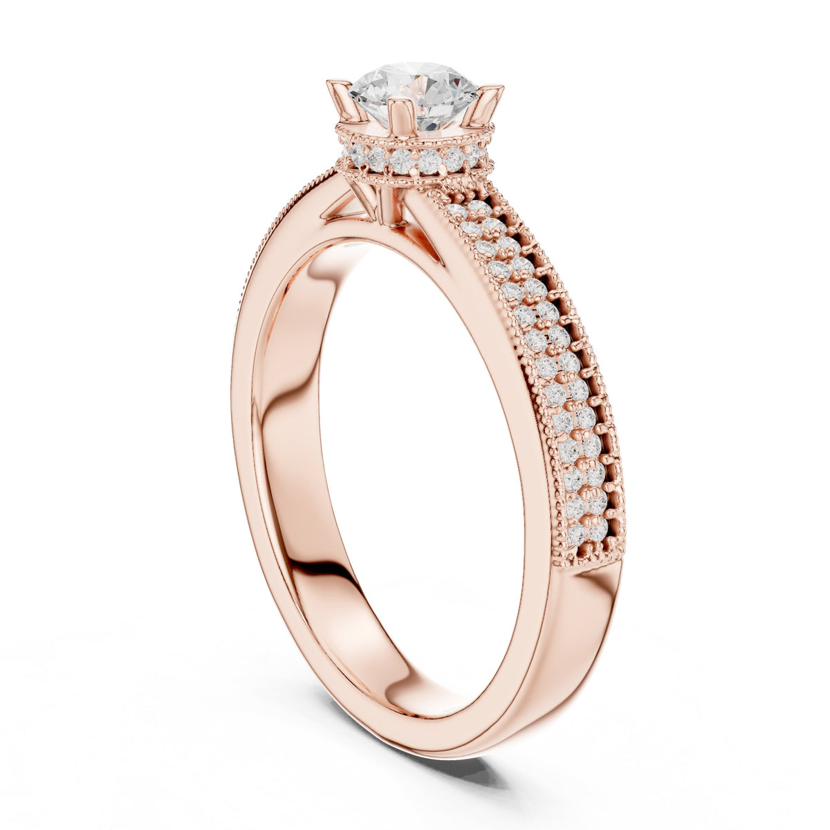 Round Diamond Engagement Ring with Multi-Row Pavé Milgrain Band
