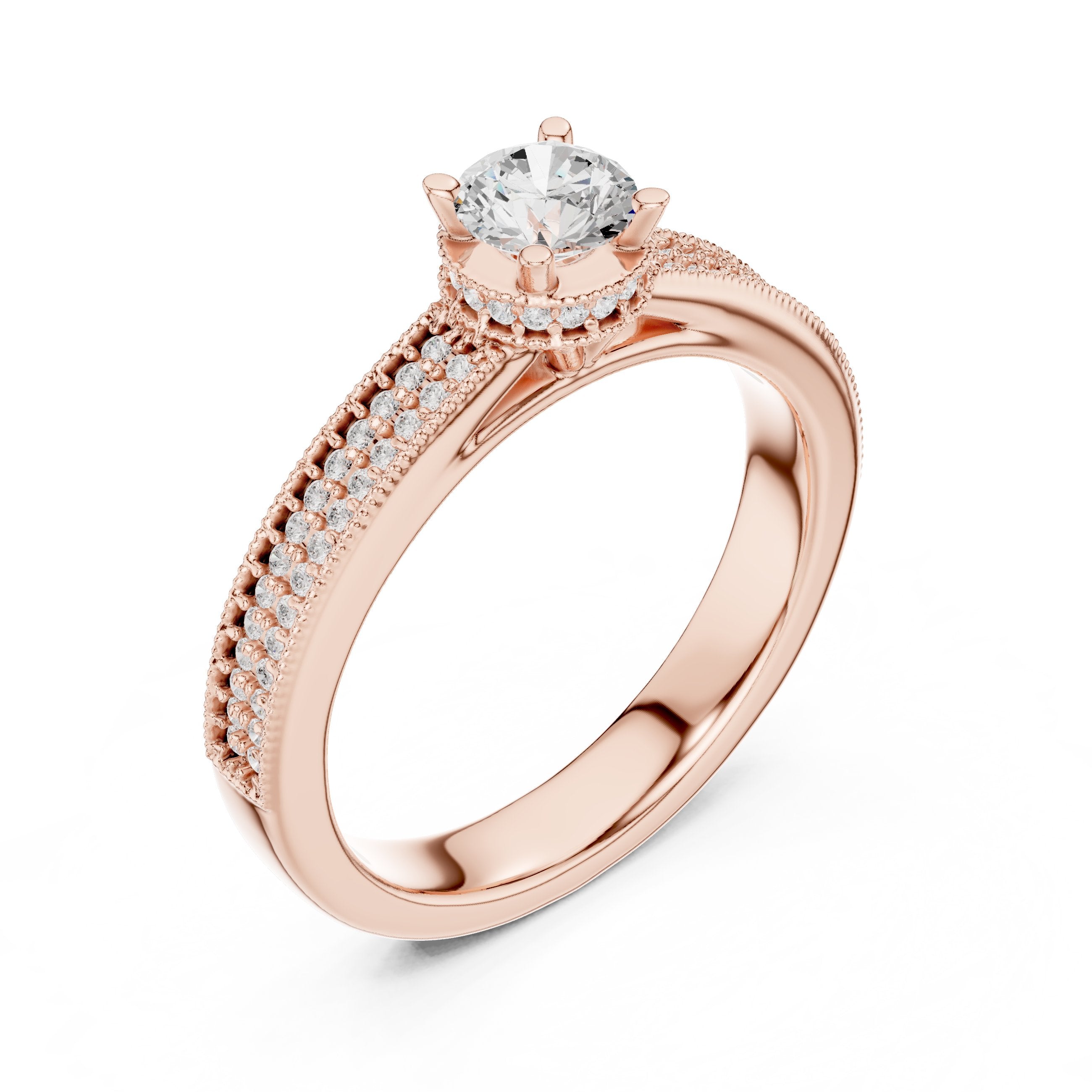 Round Diamond Engagement Ring with Multi-Row Pavé Milgrain Band in Rose Gold - VYKA Diamonds