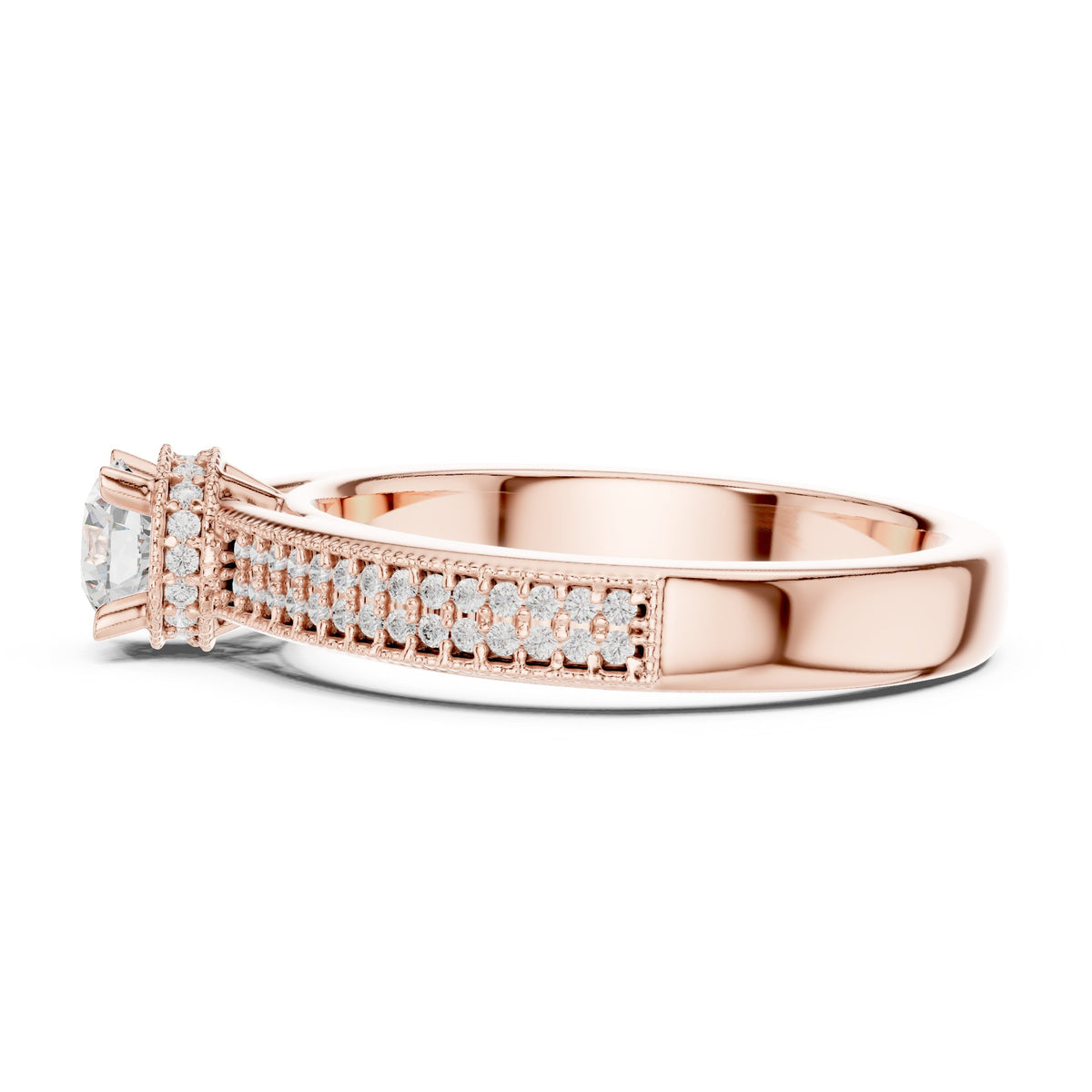 Round Diamond Engagement Ring with Multi-Row Pavé Milgrain Band