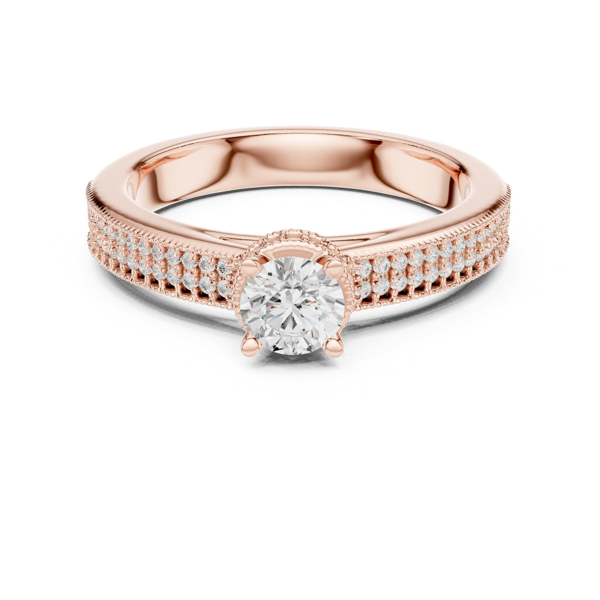 Round Diamond Engagement Ring with Multi-Row Pavé Milgrain Band